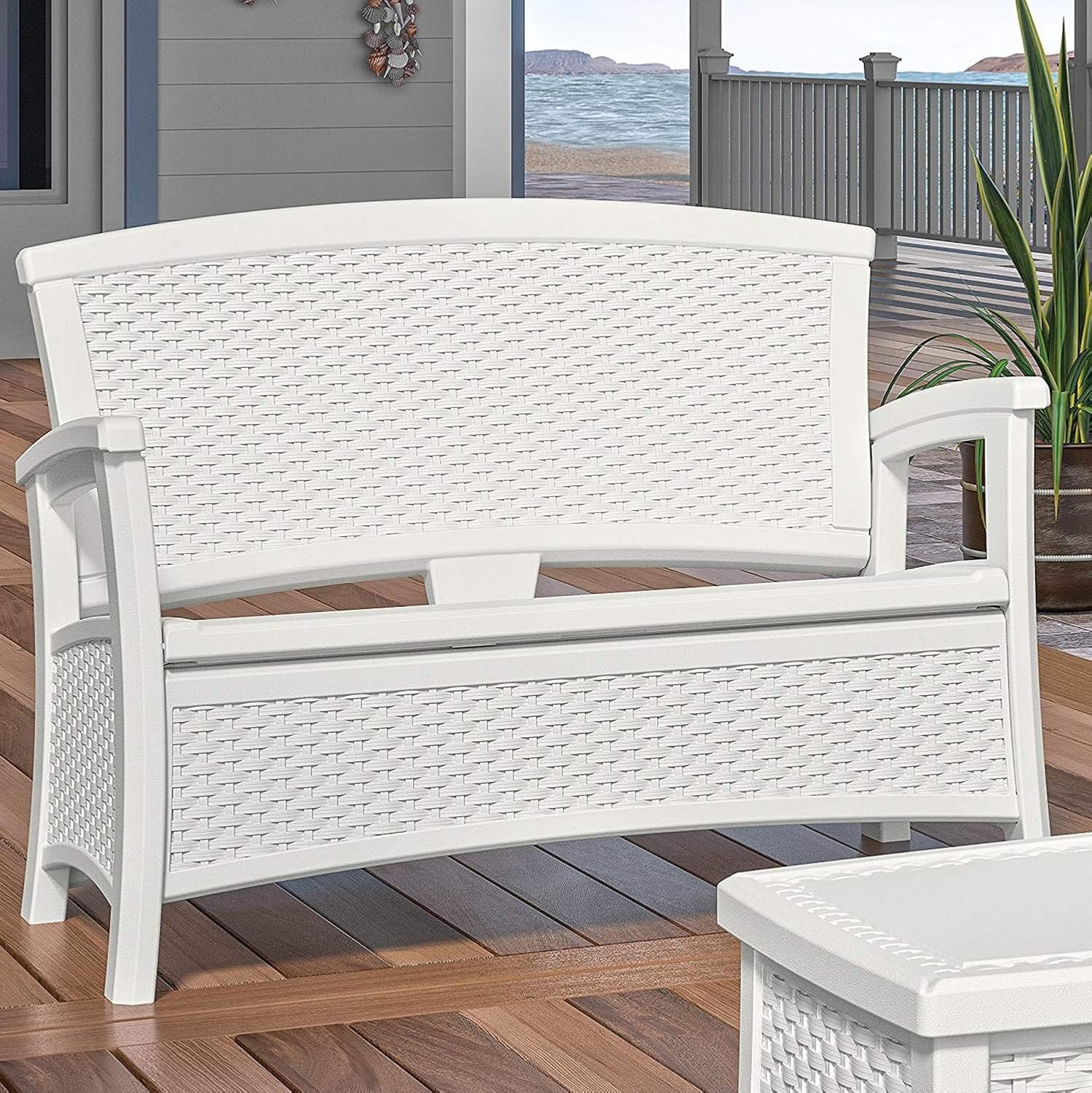Suncast Elements Stylish Lightweight Loveseat Outdoor Seating with Convenient Built in Universal Storage, and All Weather Resin, White
