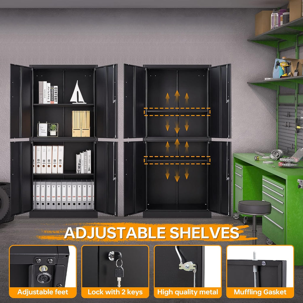 STANI Metal Storage Cabinet, Locking Steel Cabinet with 4 Doors and 2 Adjustable Shelves, 71' Tall Steel Cabinet for Home Office, Garage, School (Black)