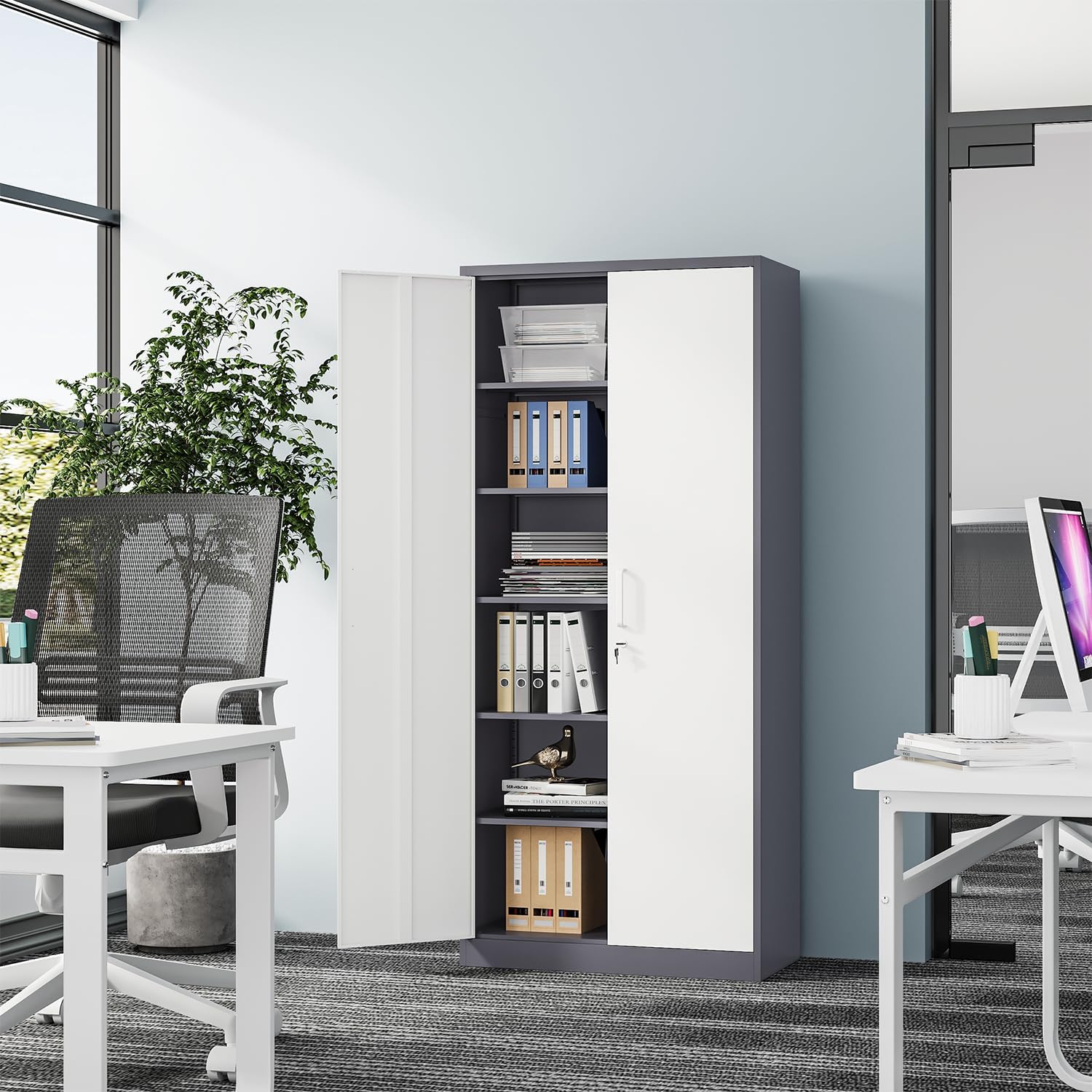 Fesbos Metal Cabinet Steel Storage Cabinet - 71' Tall Steel File Cabinets with Lockable Doors and 5 Adjustable Shelves Gray&White Storage Cabinets for Home, School, Office, Garage