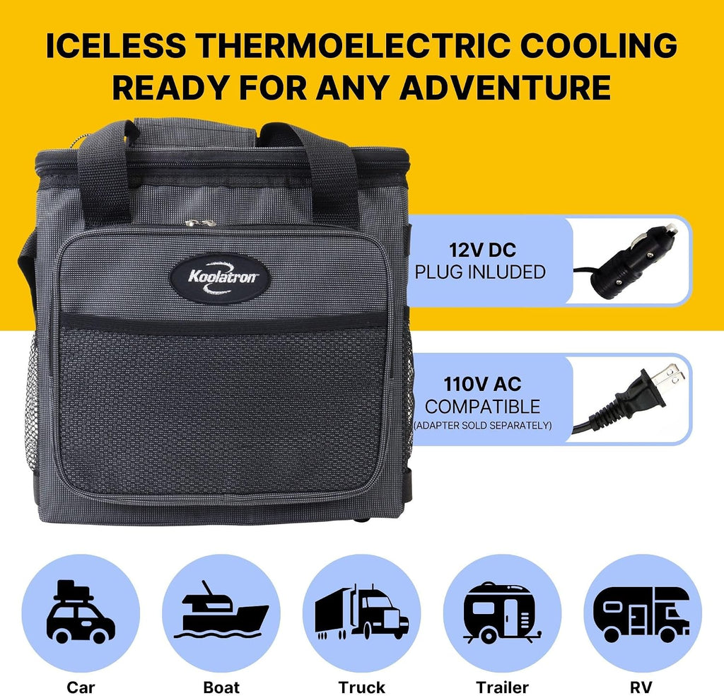 Koolatron Electric Portable Cooler Plug in 12V Car Cooler Bag, 14 qt (13 L) Black/Gray Soft-Sided No Ice Thermo Electric Portable Fridge for Camping, Adjustable Shoulder StrapTravel Road Trips.