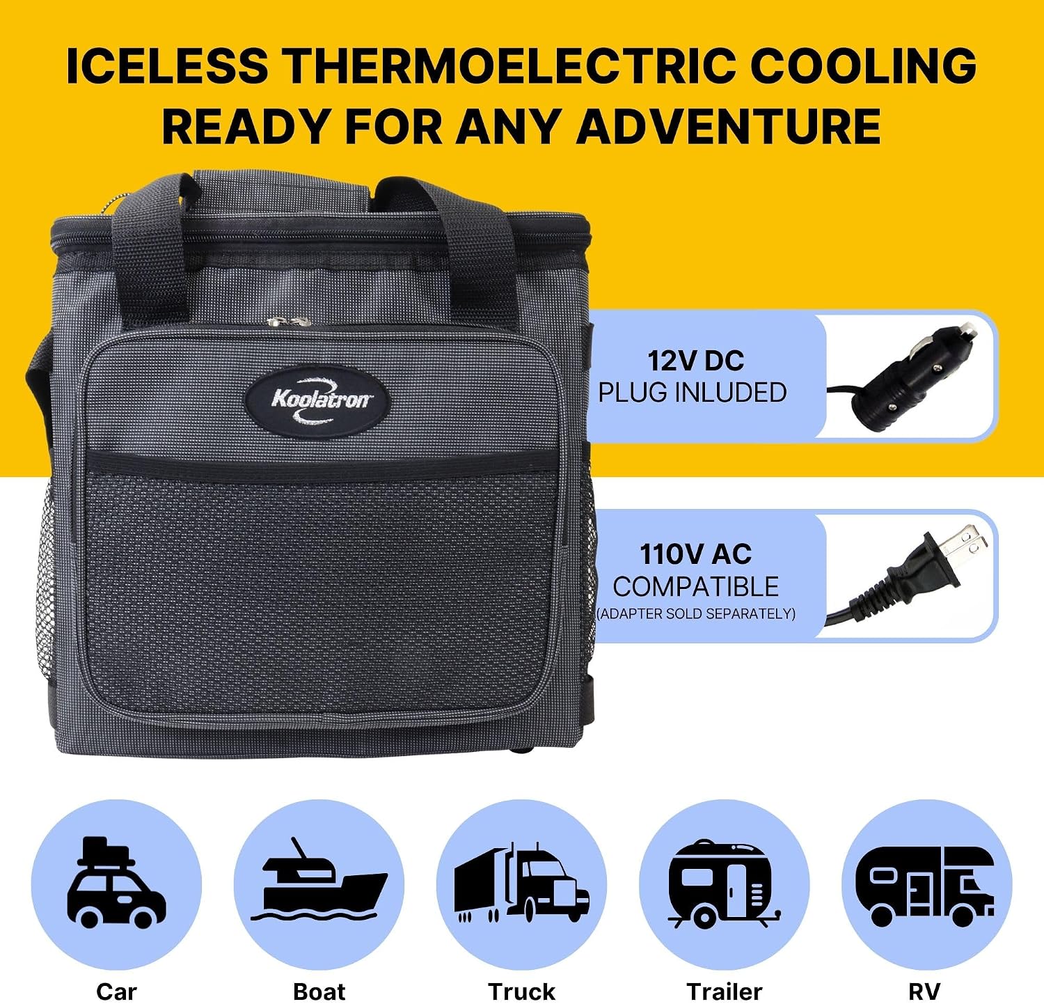 Koolatron Electric Portable Cooler Plug in 12V Car Cooler Bag, 14 qt (13 L) Black/Gray Soft-Sided No Ice Thermo Electric Portable Fridge for Camping, Adjustable Shoulder StrapTravel Road Trips.