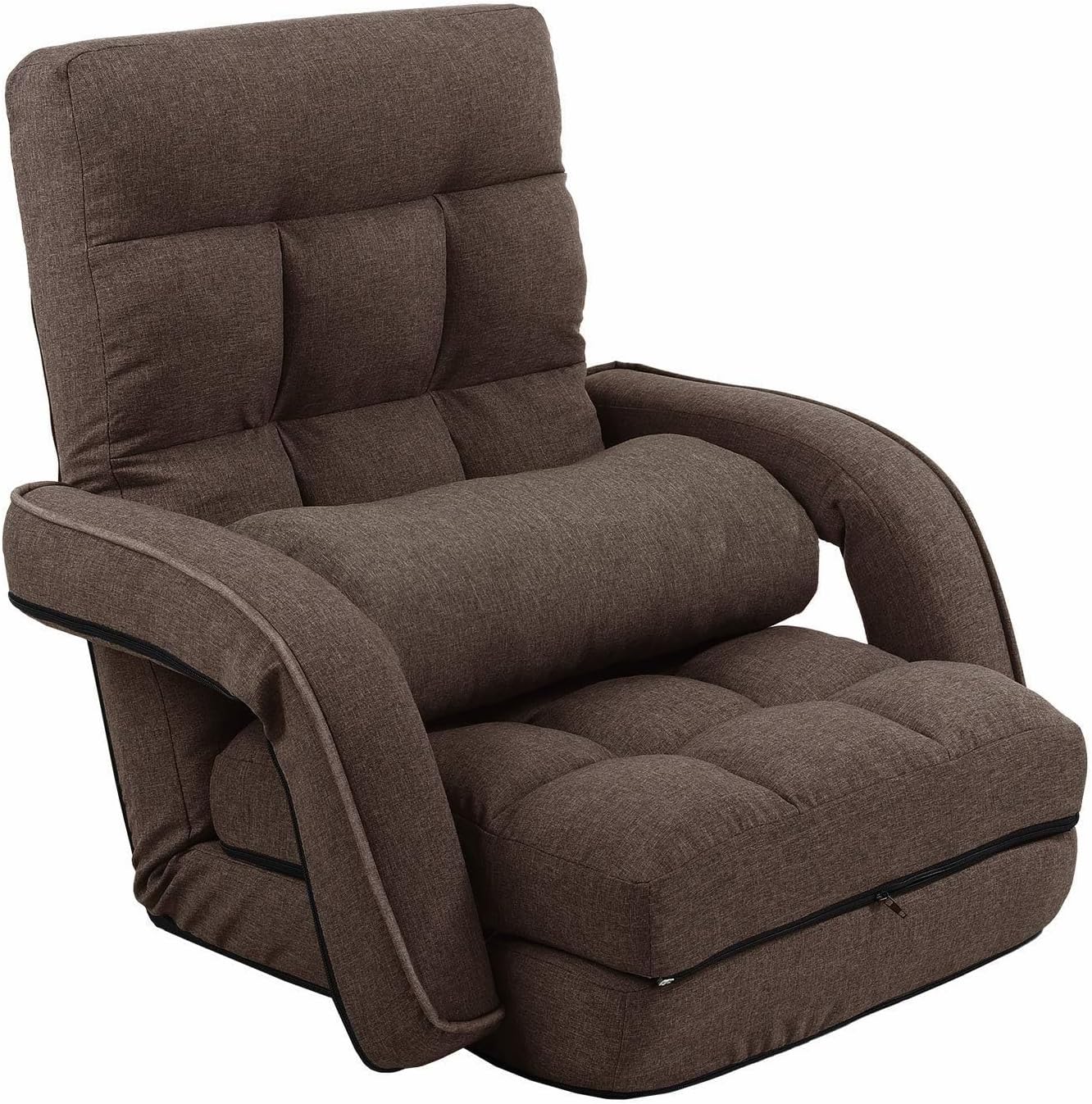 42-Position Adjustable Floor Chair, Chaise Lounge Chair Indoor,Comfy Folding Lazy Sofa Chair for Adults with Armrests and a Pillow Padded,Gaming Chairs for Living Room,Bedroom,Fabric,Brown