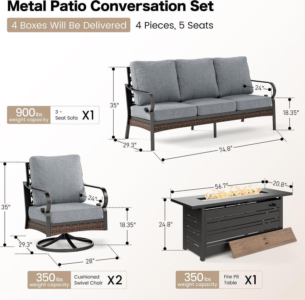 SUNSHINE VALLEY 4 Piece Black Metal Outdoor Patio Furniture Sets with Firepit Table, Patio Conversation Sets 1 3-Seater Sofa, 2 Swivel Sofa with 5.75' Thick Cushion Backyard Furniture for Deck, Gray