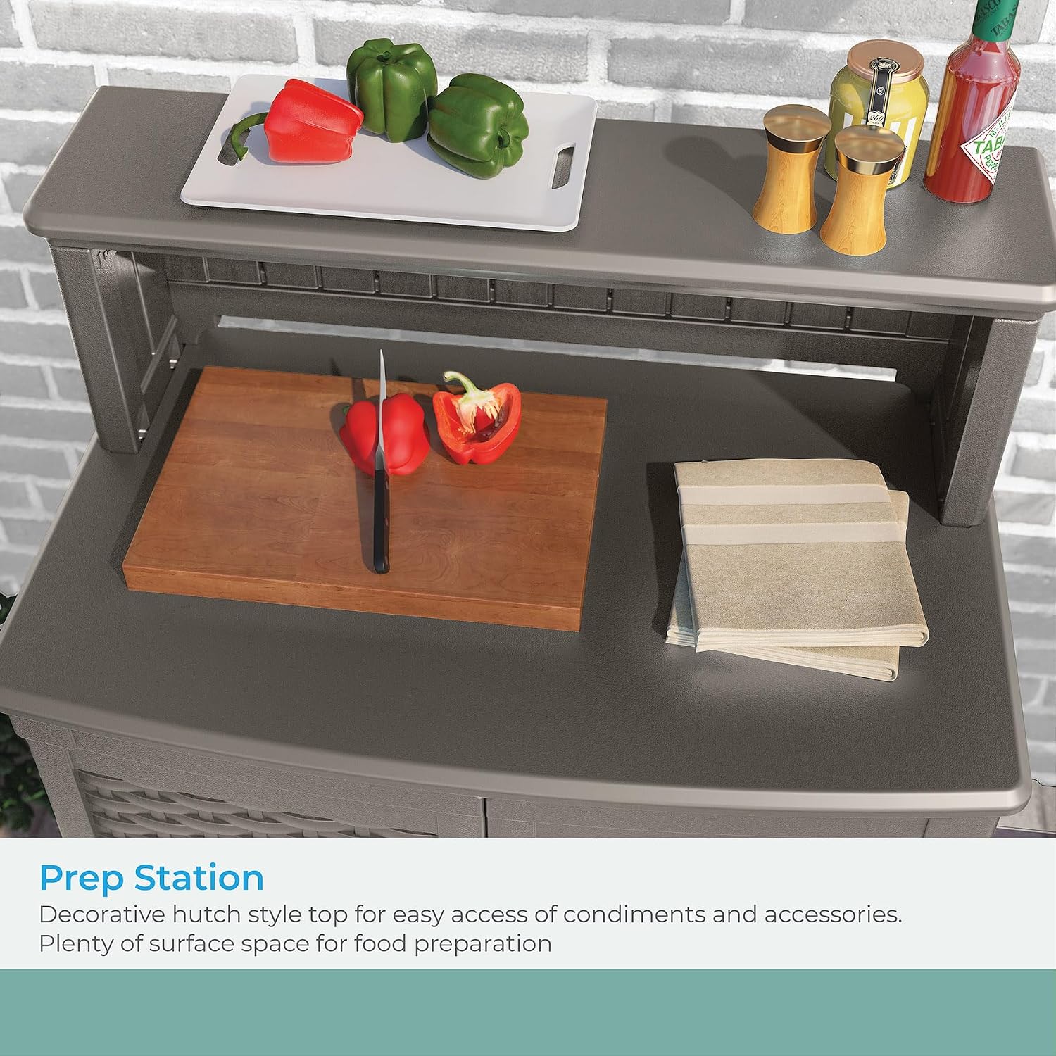 Suncast Patio Storage and Prep Station with 47-Gal. Cabinet, Adjustable Shelf, and Utensil Hooks, Outdoor Rolling Storage Cabinet and Grill Prep Table, Made in The USA
