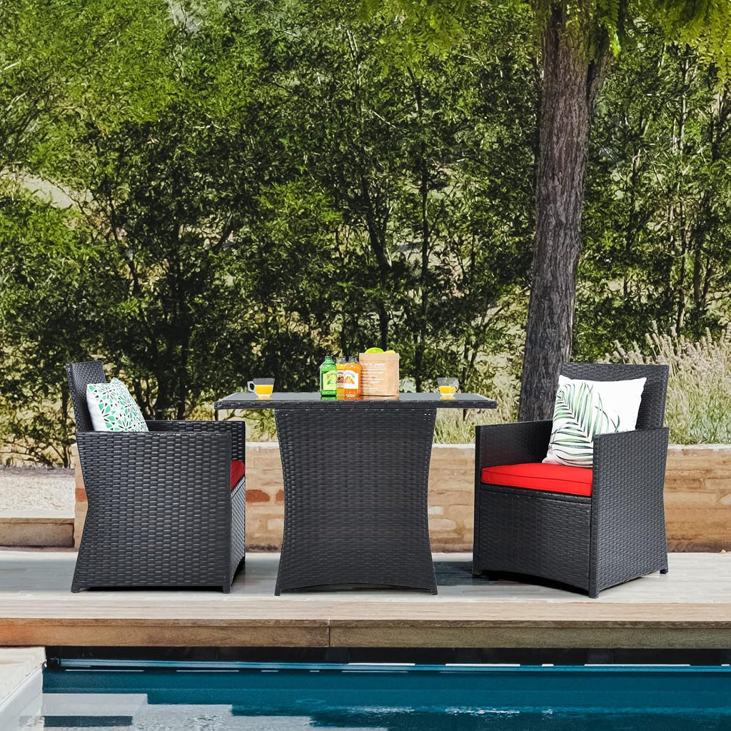 HAPPYGRILL 3 Piece Patio Furniture Set, Outdoor PE Rattan Wicker Bistro Set with Washable Cushions & Tempered Glass Table, for Backyard Porch Garden Balcony Poolside