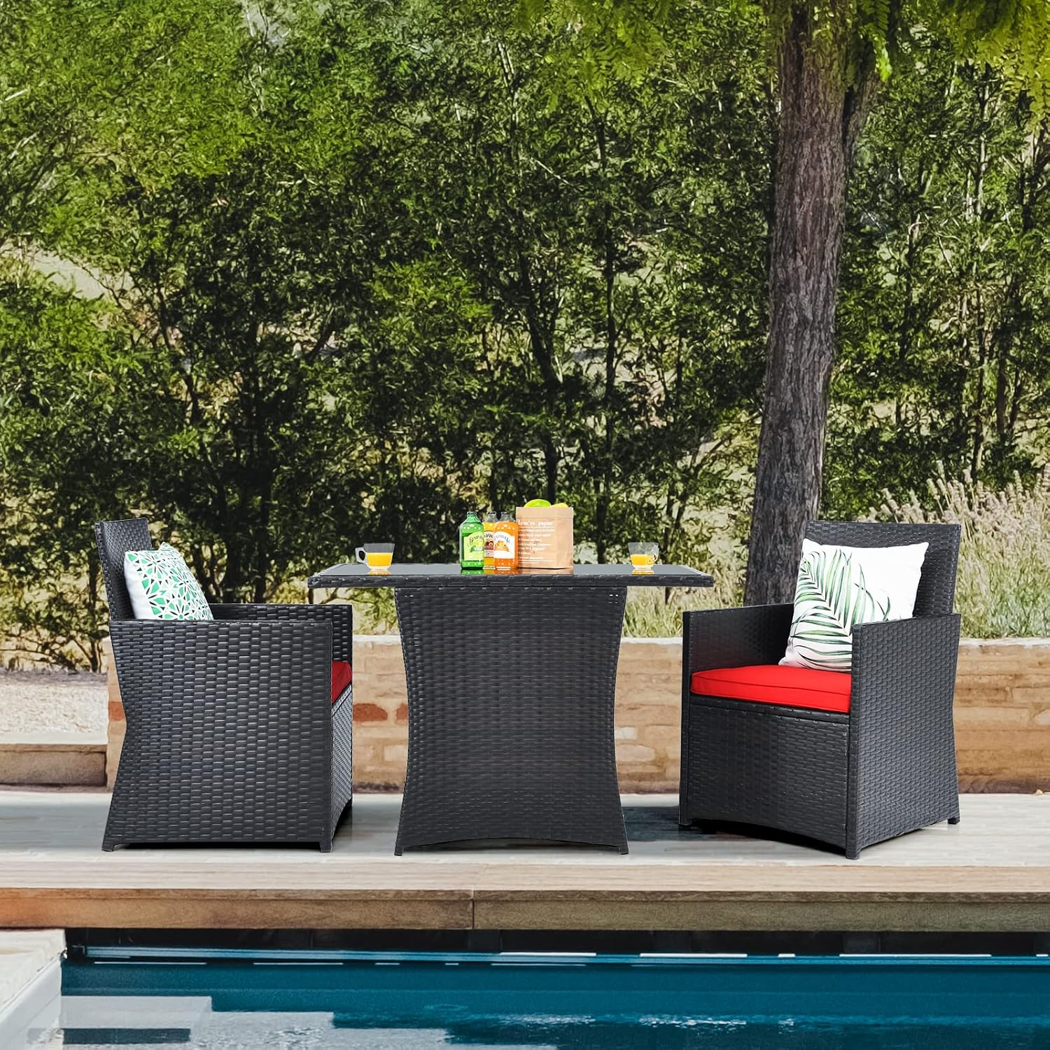 HAPPYGRILL 3 Piece Patio Furniture Set, Outdoor PE Rattan Wicker Bistro Set with Washable Cushions & Tempered Glass Table, for Backyard Porch Garden Balcony Poolside