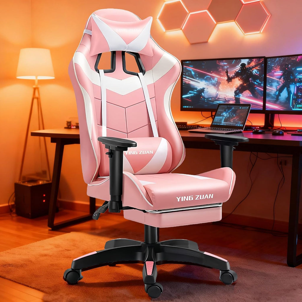 Video Gaming Chair with Speakers, PU Leather Office Chair with Massage Lumbar Pillow & Footrest, Latex Reclining Desk Chair with Adjustable Rotating Armrests for Adults(Pink)