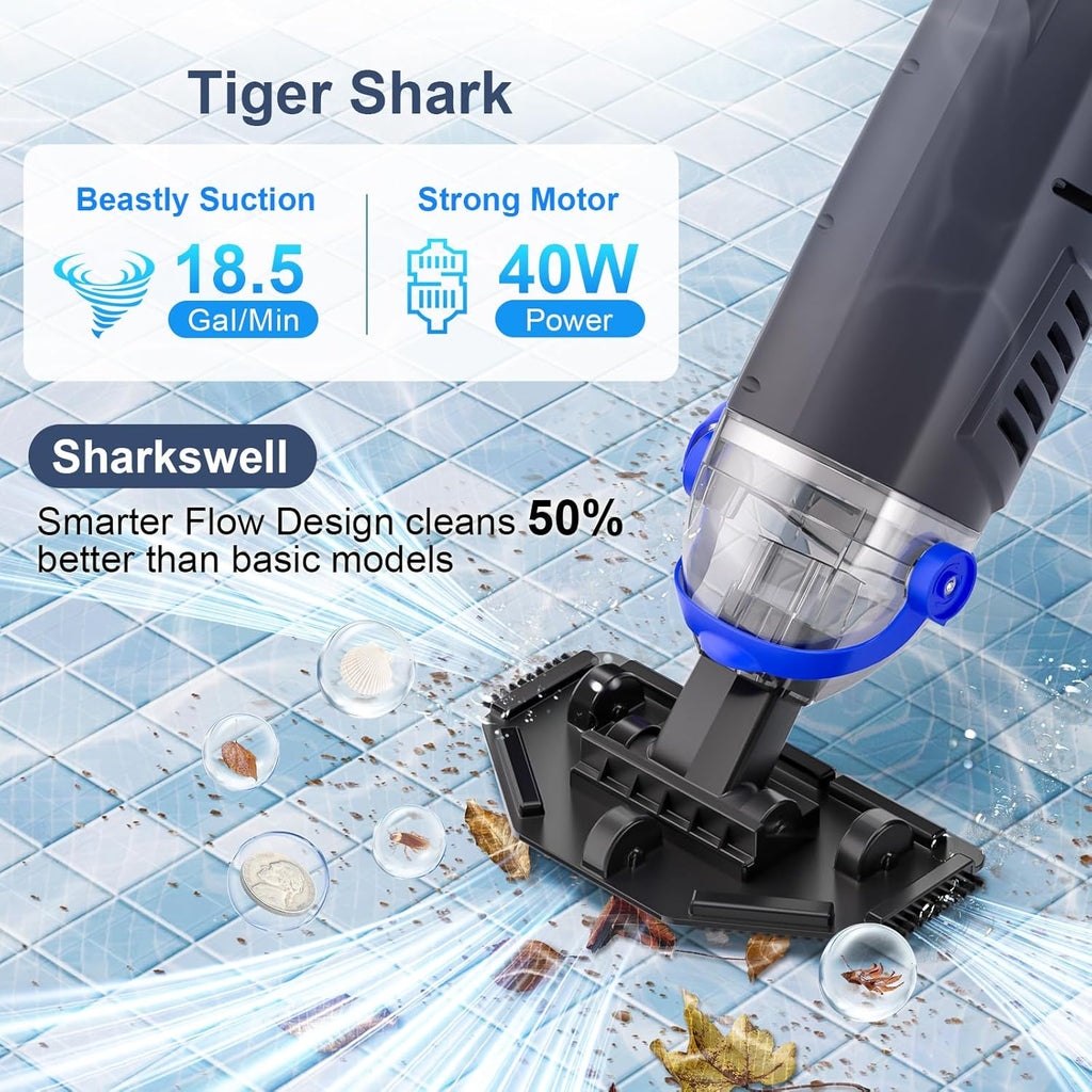 Upgraded Cordless Pool Vacuum with Telescopic Pole, 60 Min Powerful Suction & Large Head, Rechargeable Handheld Cleaner for Above Ground Pools, Inground Pools, Hot Tubs, and Spa