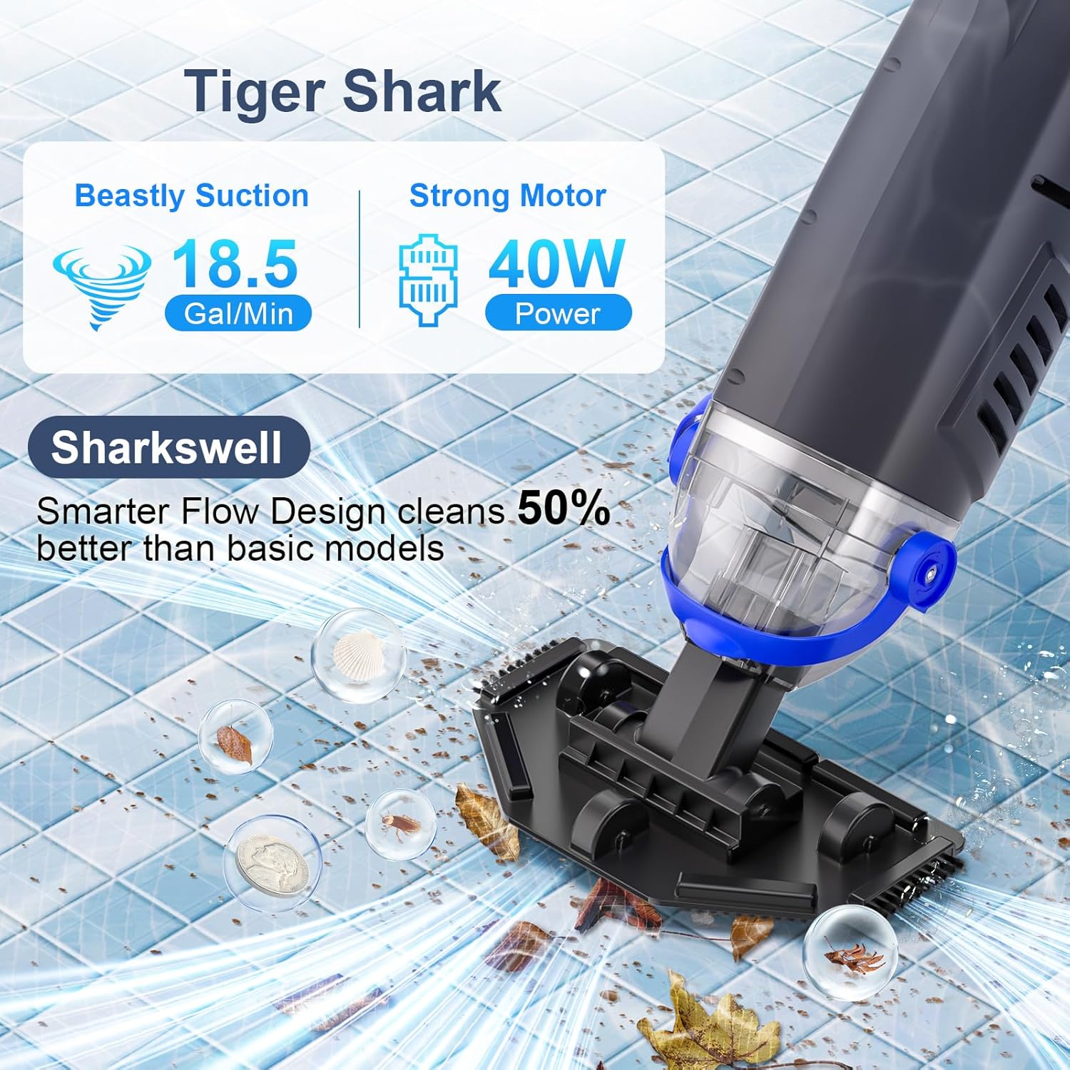 Upgraded Cordless Pool Vacuum with Telescopic Pole, 60 Min Powerful Suction & Large Head, Rechargeable Handheld Cleaner for Above Ground Pools, Inground Pools, Hot Tubs, and Spa