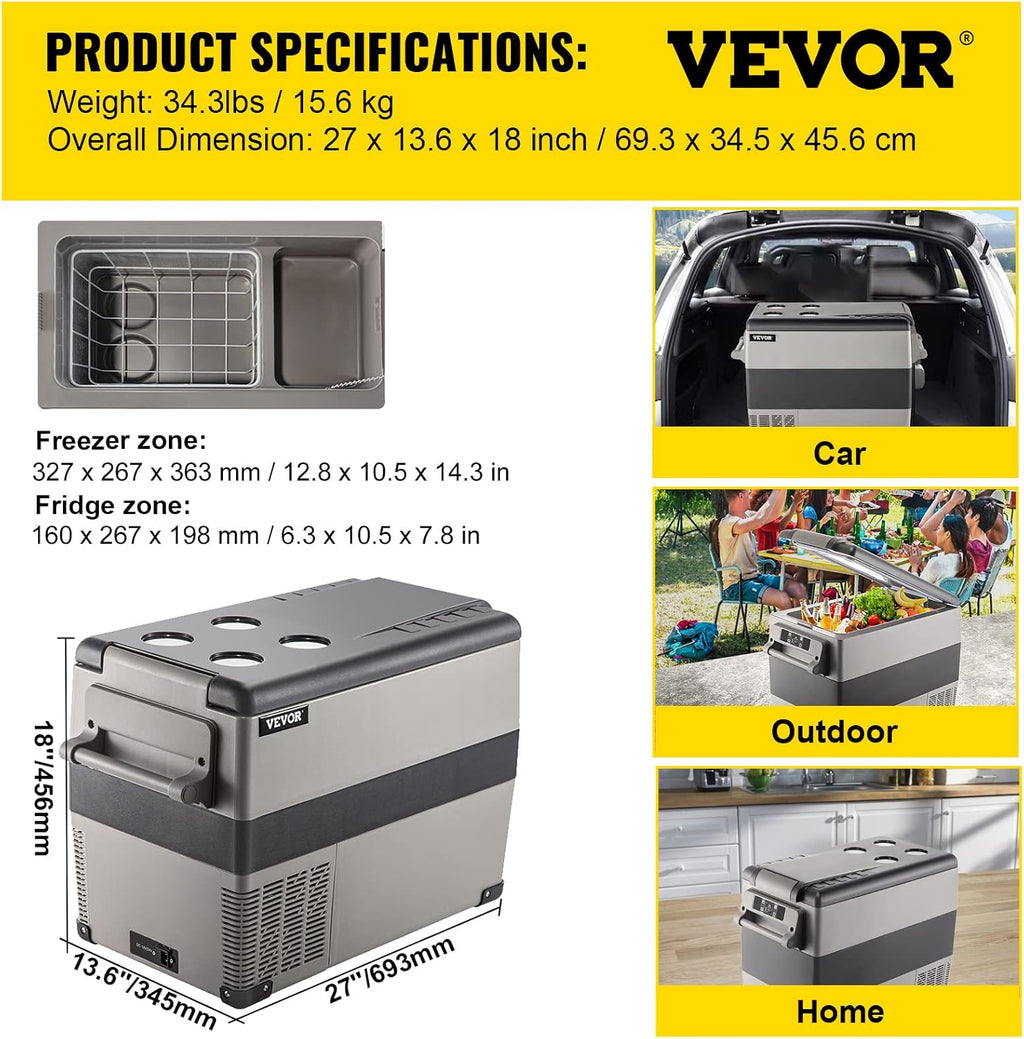 VEVOR 12 Volt Refrigerator, 48 Quart (45L) Fast Cooling Car Fridge, Portable Freezer with App Control (-4℉~68℉), 12/24v DC & 110-240v AC for Travel, Truck, Camping and Home Use, Black