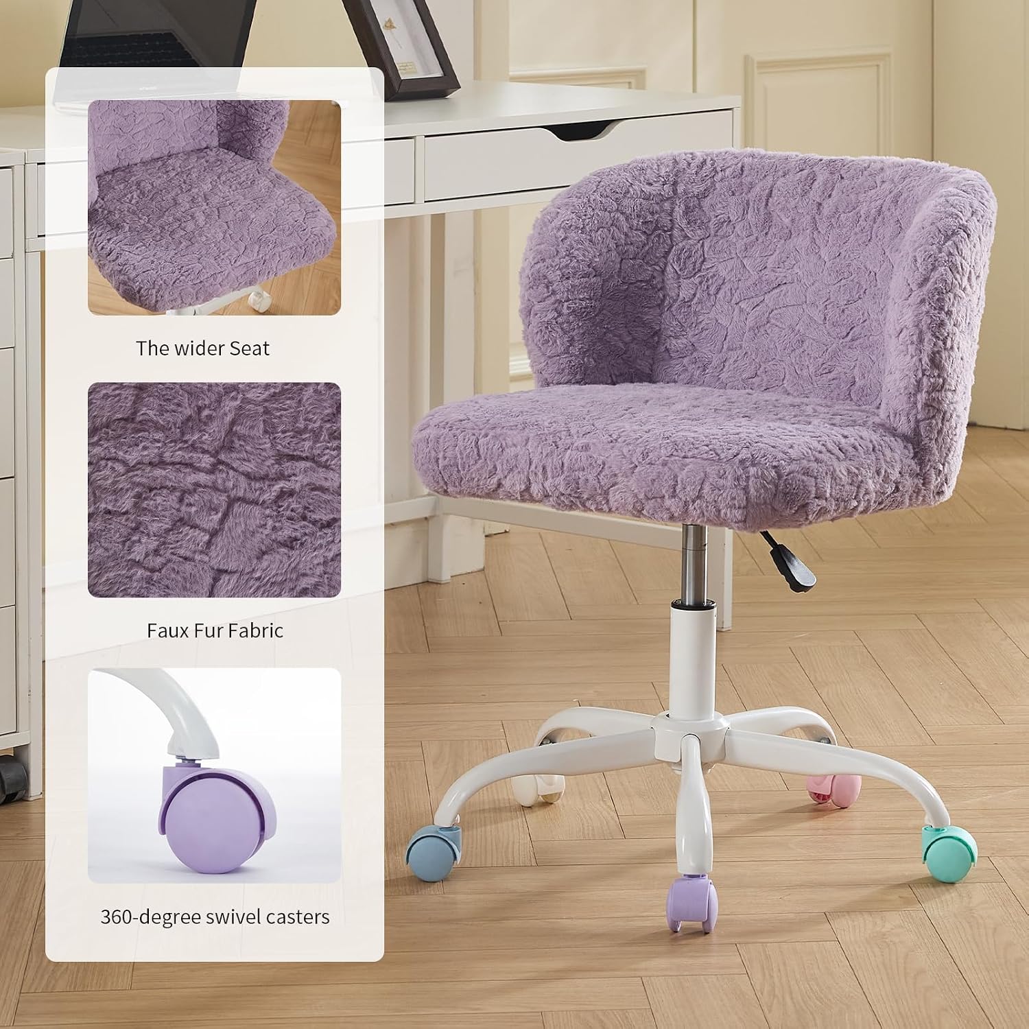 Shenyon Purple Faux Fur Vanity Chair, Adjustable Swivel Home Office Chair with Colorful Wheels and Metal Base, Cute Makeup Chair for Women, Teens & Girls(Purple)