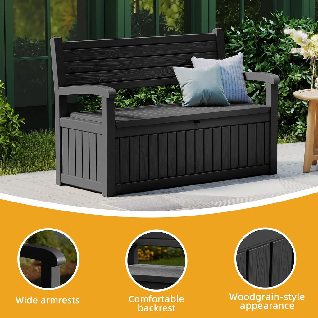 ROJIK 80 Gallon Storage Bench Deck Box Outdoor with Armrests,Wood Grain Style Resin Storage Furniture Waterproof Lockable for Porch Patio and Garden,Sturdy and Durable, Black