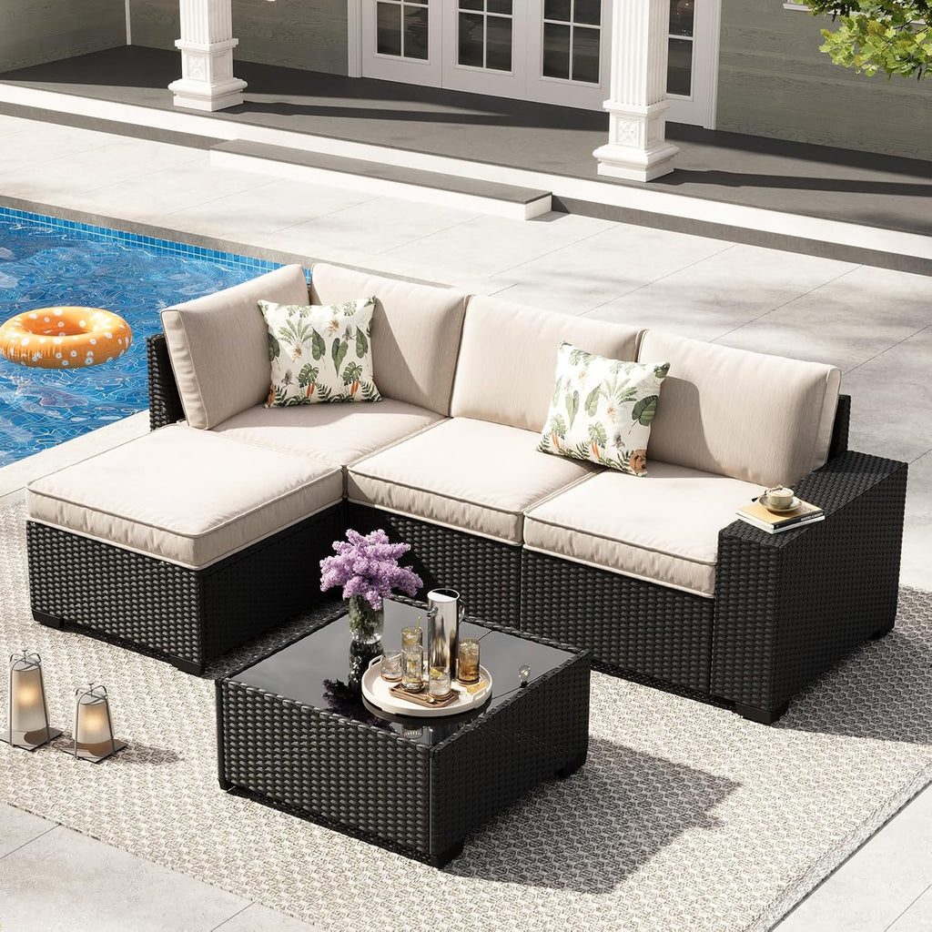 5-Piece Outdoor Patio Furniture Set, Modular Wicker Sectional Sofa with Thick Cushions & Coffee Table, All-Weather Rattan Conversation Set for Backyard, Porch, Poolside, Beige