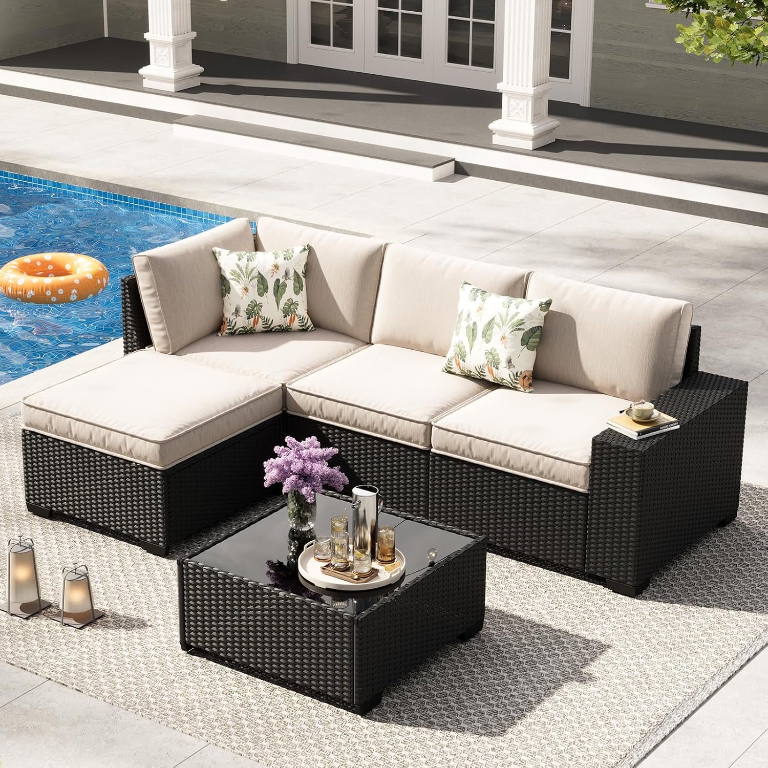 5-Piece Outdoor Patio Furniture Set, Modular Wicker Sectional Sofa with Thick Cushions & Coffee Table, All-Weather Rattan Conversation Set for Backyard, Porch, Poolside, Beige