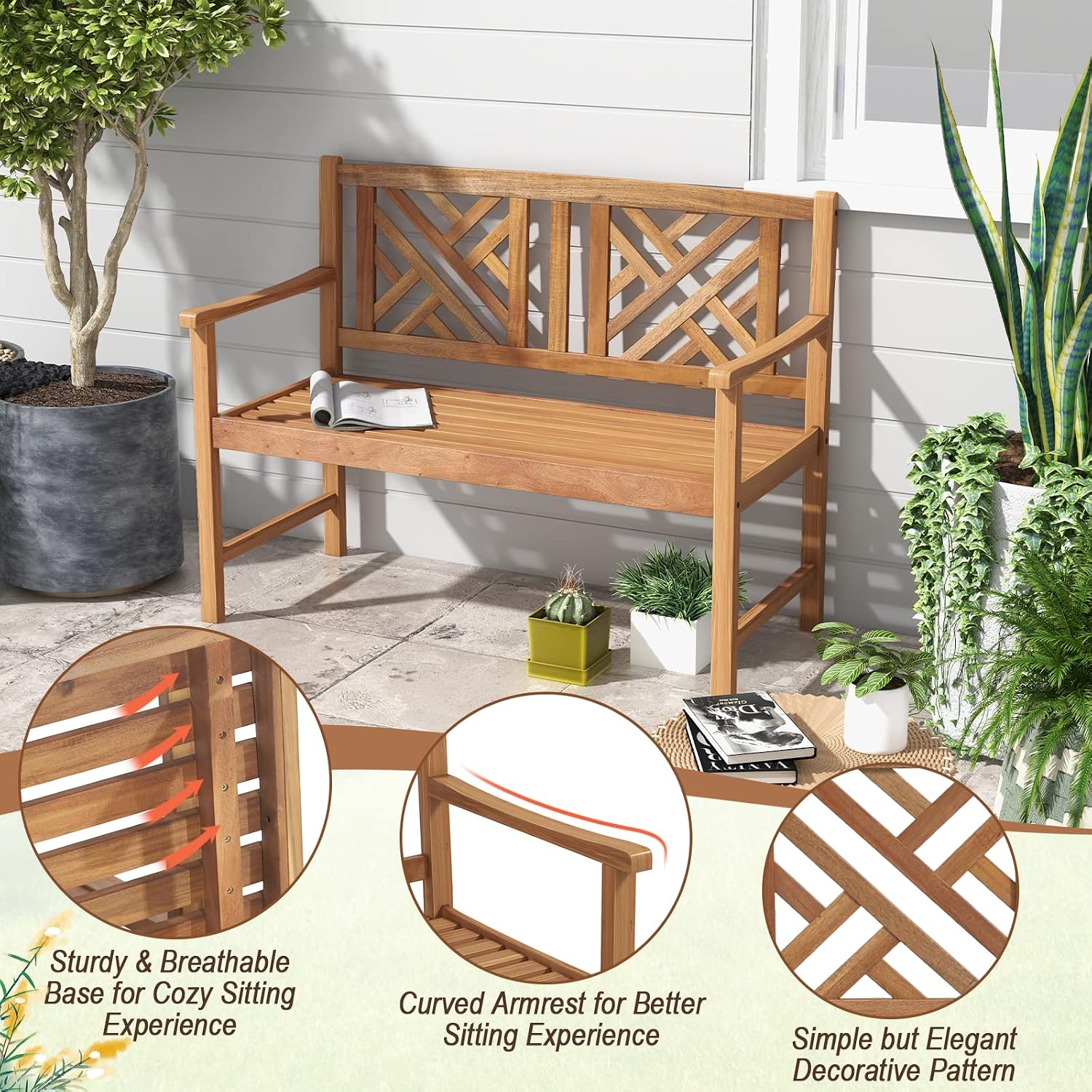 Giantex Outdoor Wooden Garden Bench - 2-Person Acacia Wood Loveseat with Armrests, Backrest, 800lbs Capacity, Patio Park Bench for Backyard, Front Porch Bench (Non-Foldable)
