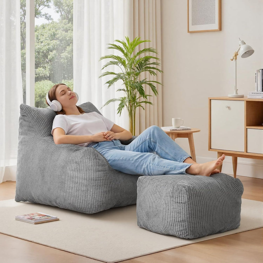 Bean Bag Chair with Ottoman, Oversized Memory Foam Cloud Boneless Couch, Plush Corduroy Beanbag Set for Adults, Teens, Gift for Bedroom, Dorm, Living Room, Reading Nook, Gaming & Lounge (Grey)