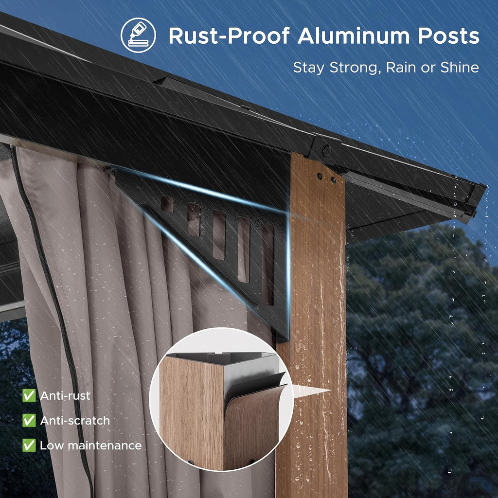 SUNJOY Kingston 14' x 12' Hardtop Gazebo with Galvanized Steel/Polycarbonate Double Roof, Curtain and Netting, Woodgrain Finish Aluminum Posts Permanent Pavilion Gazebo for Garden, Patio, Deck, Lawn