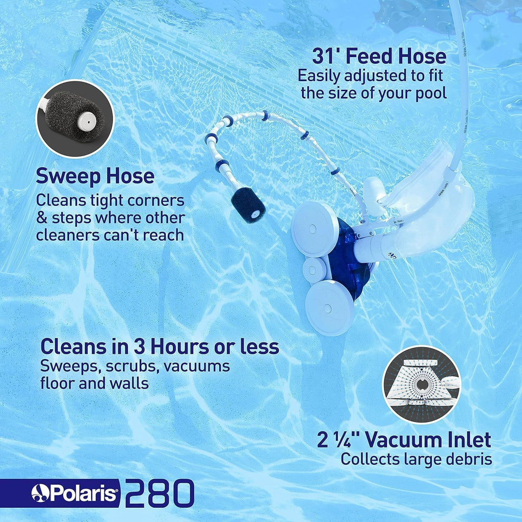 Polaris Vac-Sweep 280 Pressure-Side In-ground Pool Cleaner, Double Venturi Jet Powered, 31ft of Hose with an All Purpose Debris Bag