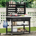 Outdoor Potting Bench Table with Lockable Wheels, Solid Wood Outdoor Kitchen Island with Upper Hutch, Stainless Steel Top, Storage for Grilling, Lawn & Garden