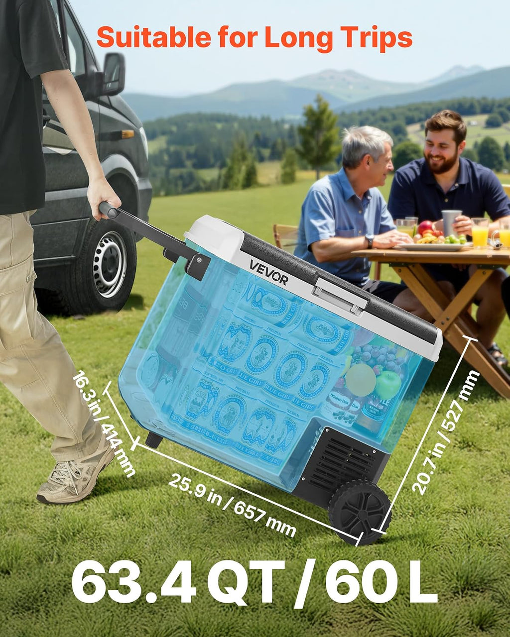 VEVOR 12 Volt Car Refrigerator, 63.4QT/60L Car Fridge, Portable Electric Cooler with Wheels and Handle, -4℉~68℉, 12/24V DC and 100-240V AC Compressor Freezer for Outdoor, Camping, Travel, RV