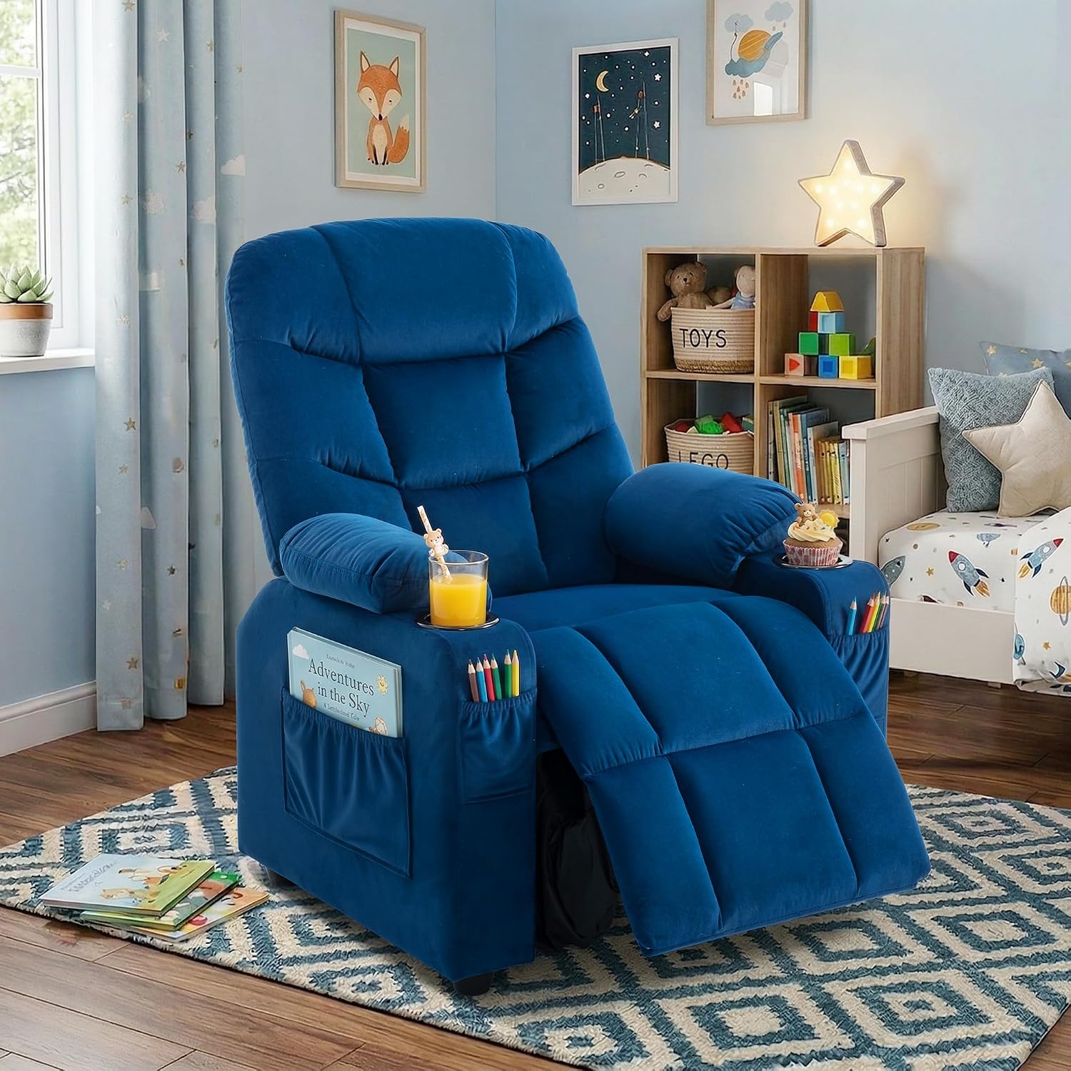 Donut Larger Kids Reclining Chair Velvet Fabric Recliner Sofa Push Back Lounge Children Toddler Boys Girls Ages 3-12 with Dual Cup Holders and 4 Pockets