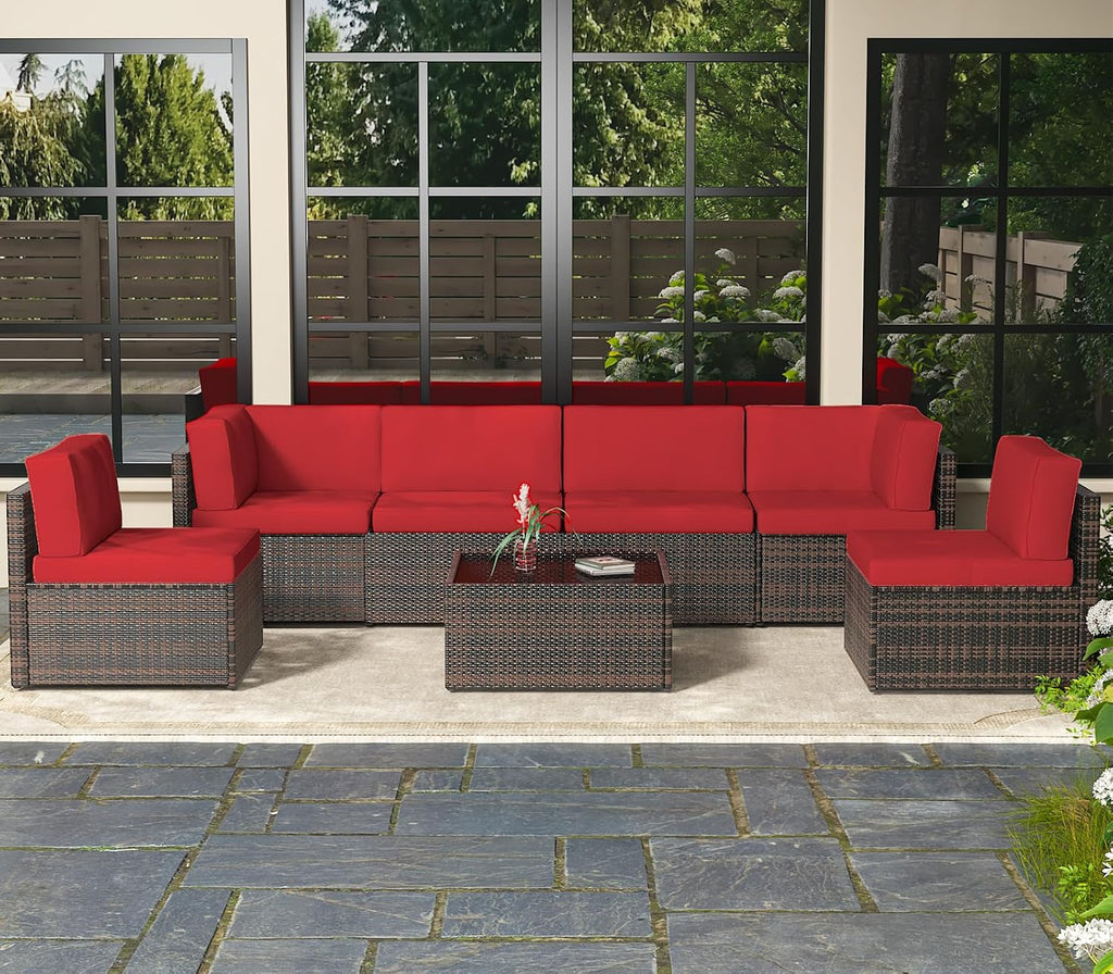 AECOJOY 7 Piece Outdoor Patio Furniture Set, Outdoor Sectional Conversation Furniture Chair with Coffee Table,Patio Sectional for Garden,Backyard(Red Cushions and Brown PE Rattan)