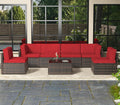 AECOJOY 7 Piece Outdoor Patio Furniture Set, Outdoor Sectional Conversation Furniture Chair with Coffee Table,Patio Sectional for Garden,Backyard(Red Cushions and Brown PE Rattan)