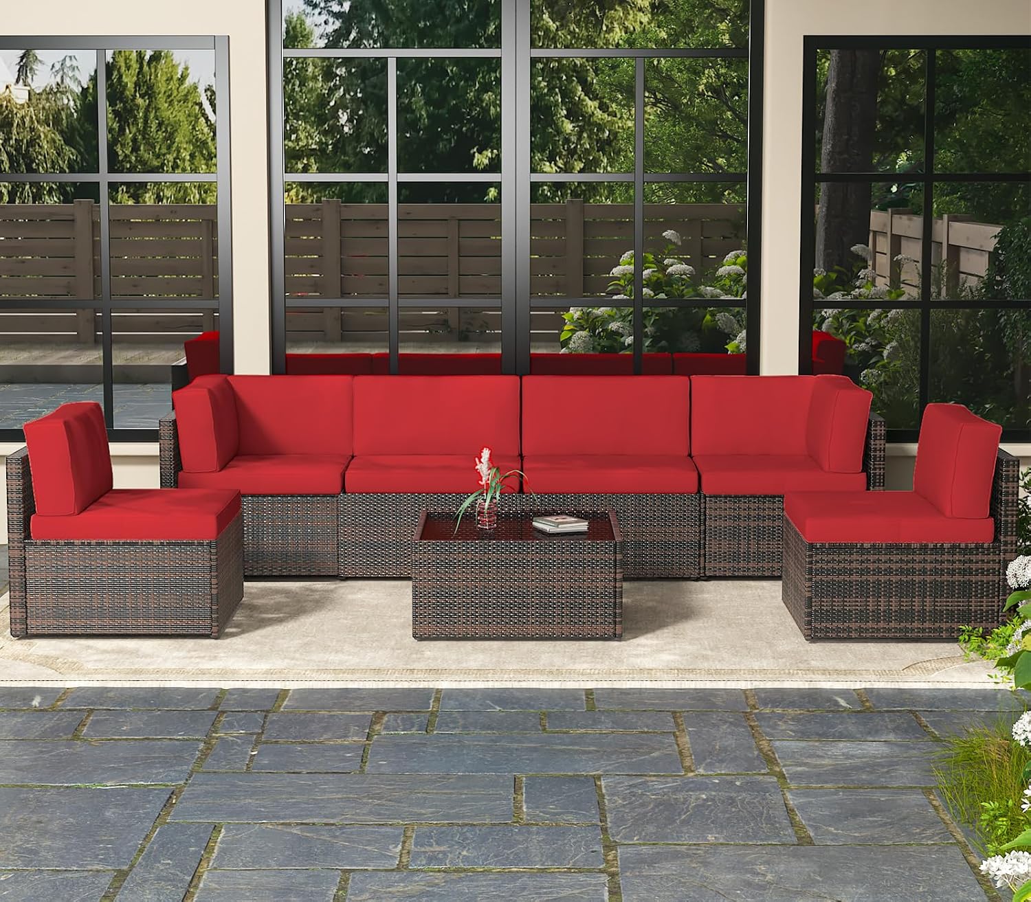 AECOJOY 7 Piece Outdoor Patio Furniture Set, Outdoor Sectional Conversation Furniture Chair with Coffee Table,Patio Sectional for Garden,Backyard(Red Cushions and Brown PE Rattan)