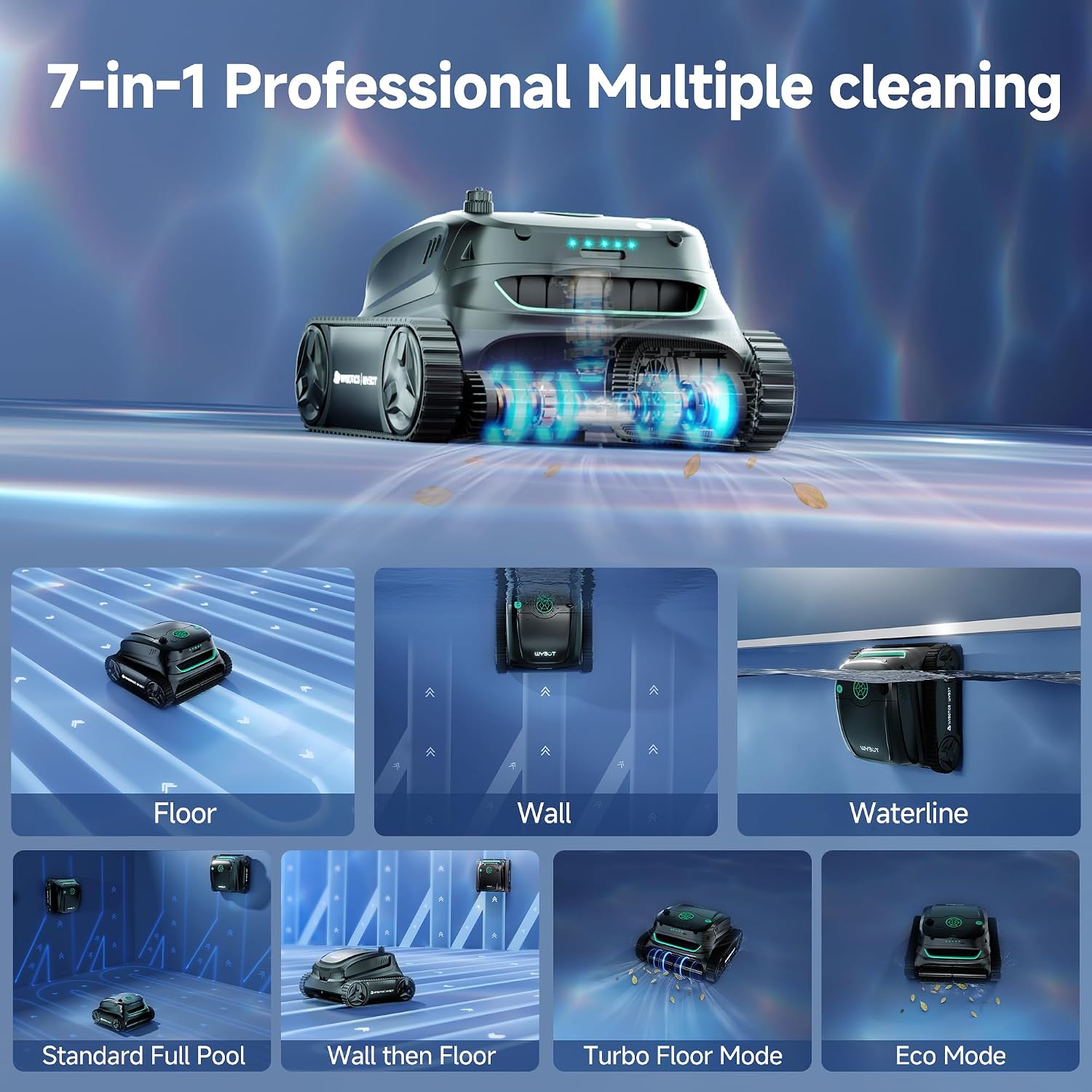 WYBOT S2 Solar Cordless Pool Vacuum Cleaner, App Control & Smart Scheduled Cleaning, Auto-Docking & Charging, 7 Cleaning Modes & Paths, Ideal for In-ground Pools up to 3229 Sq. Ft (Black&Green)