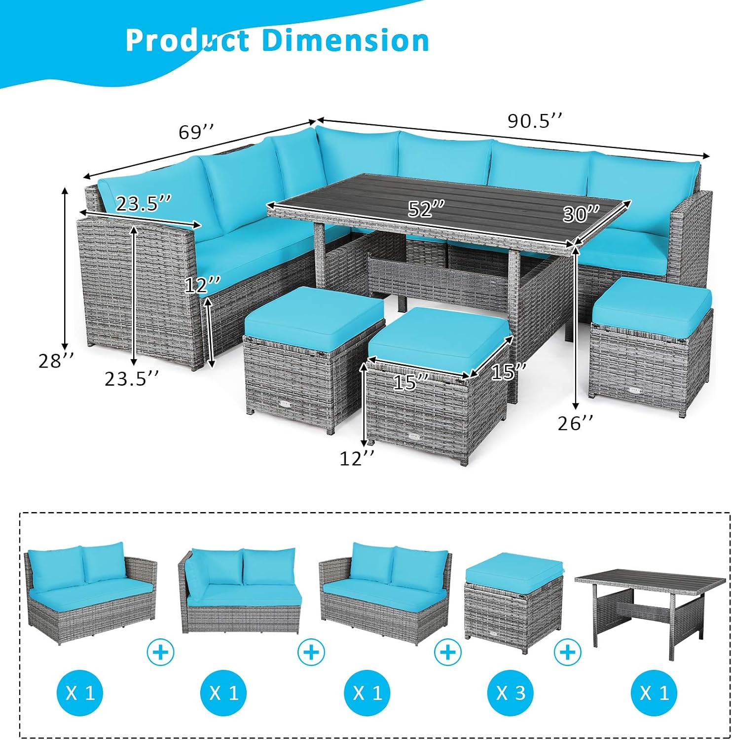 Tangkula 7 Pieces Patio Furniture Set, Outdoor Sectional Rattan Dining Sofa Set with Cushions, All Weather Wicker Conversation Couch Set with Dining Table & Ottomans for Yard Garden Poolside