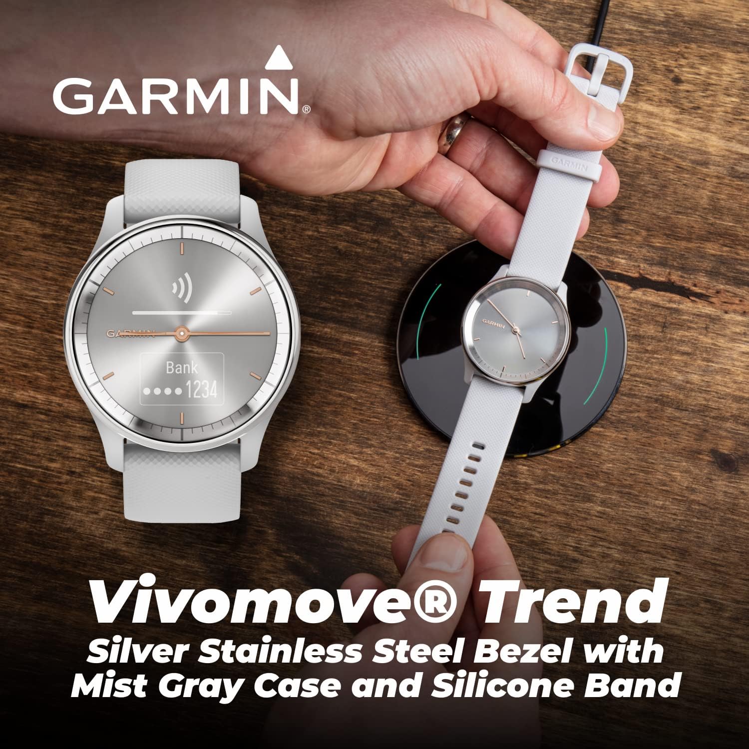 Garmin vivomove Trend 40 mm Hybrid Women Smartwatch, Silver Stainless Steel Bezel with Mist Gray Case with Wearable4U E-Bank Bundle