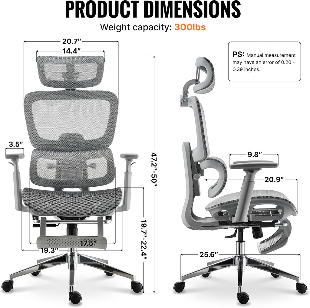Ergonomic Office Chair, Home Mesh Desk Computer Chair, Comfortable Gaming Chair with Footrest, Wheels, Adjustable 2D Headrest, Lumbar Support, High Back and 3D Armrest, Grey