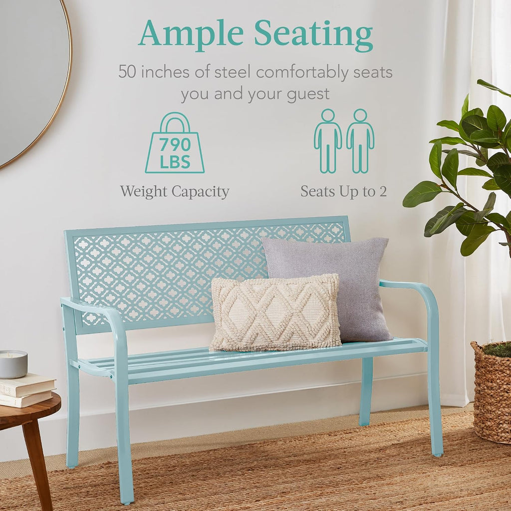 Best Choice Products Outdoor Bench 2-Person Metal Steel Benches Furniture for Garden, Patio, Porch, Entryway w/Geometric Backrest, 790lb Capacity - Sky Blue