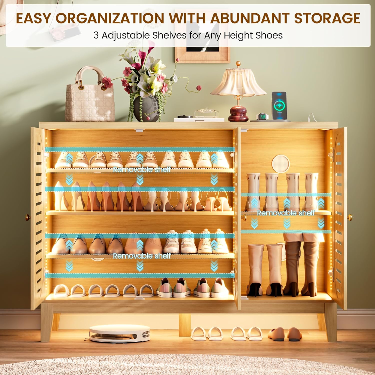 Vlsrka Shoe Cabinet with 3 Doors, Narrow Wooden Shoe Cabinet, Hidden Shoe Storage for Entryway, Foyer, Hallway (Brown C)