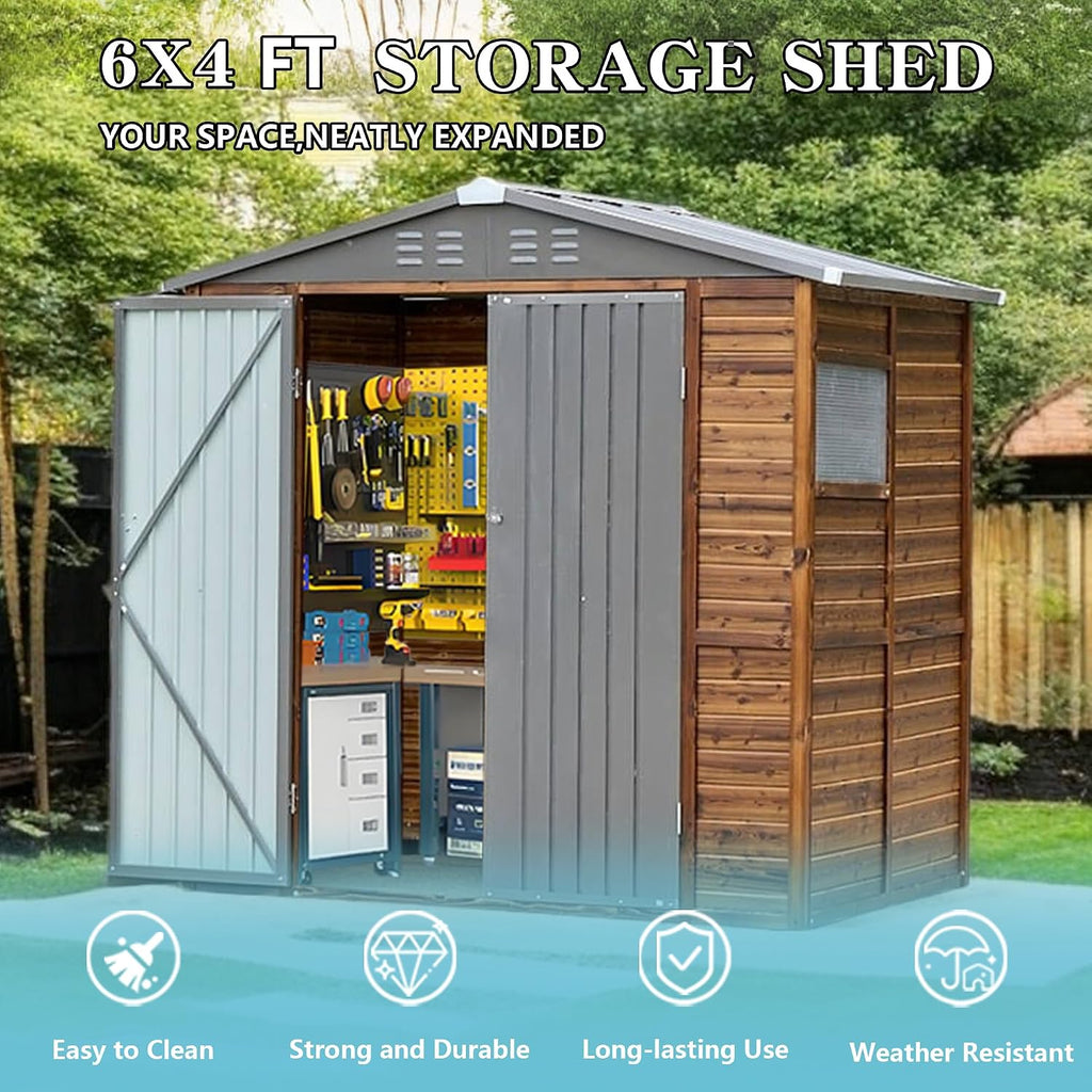 6x4 FT Outdoor Storage Shed with Windows, Wood & Metal Tool Shed Waterproof Storage House for Outside Patio, Garden, Backyard, 4 Vents (Without Floor) Wood Color