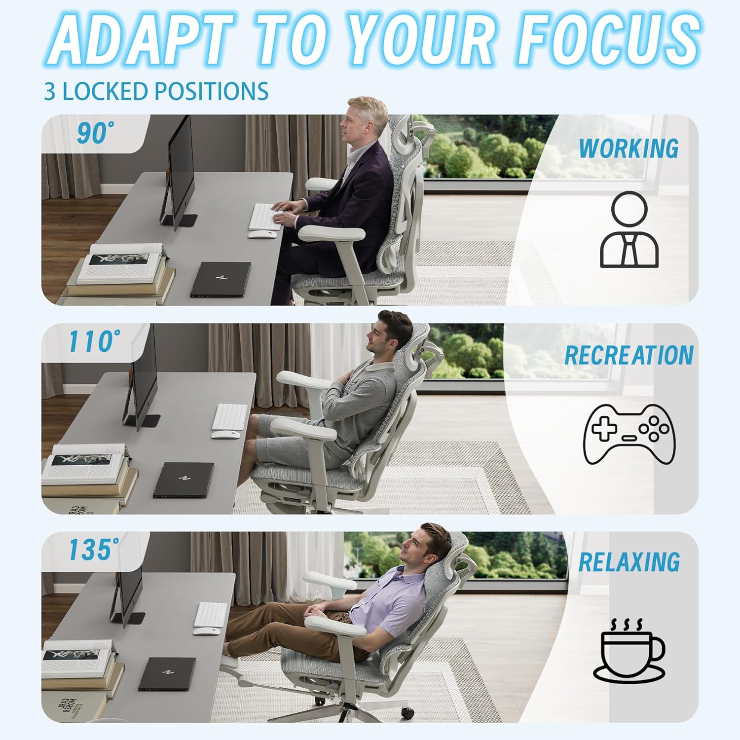 Ergonomic Office Chair with Footrest, High Back Mesh Computer Chair with Lumbar Support, 5-Level Backrest Height, 4D Flip-Up Arms for Home & Gaming Desk (Gray Mesh 3-Zone Lumbar Support+4D Armrest)