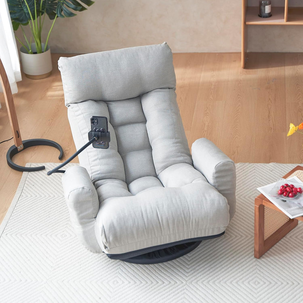 Floor Chair with Back Support, Swivel Gaming Chair with 5 Adjustable Position, Meditation Chair with Phone Holder, Linen Indoor Lounge Chair for Lazy Boys, Living Room, Bedroom, Lounge, Grey