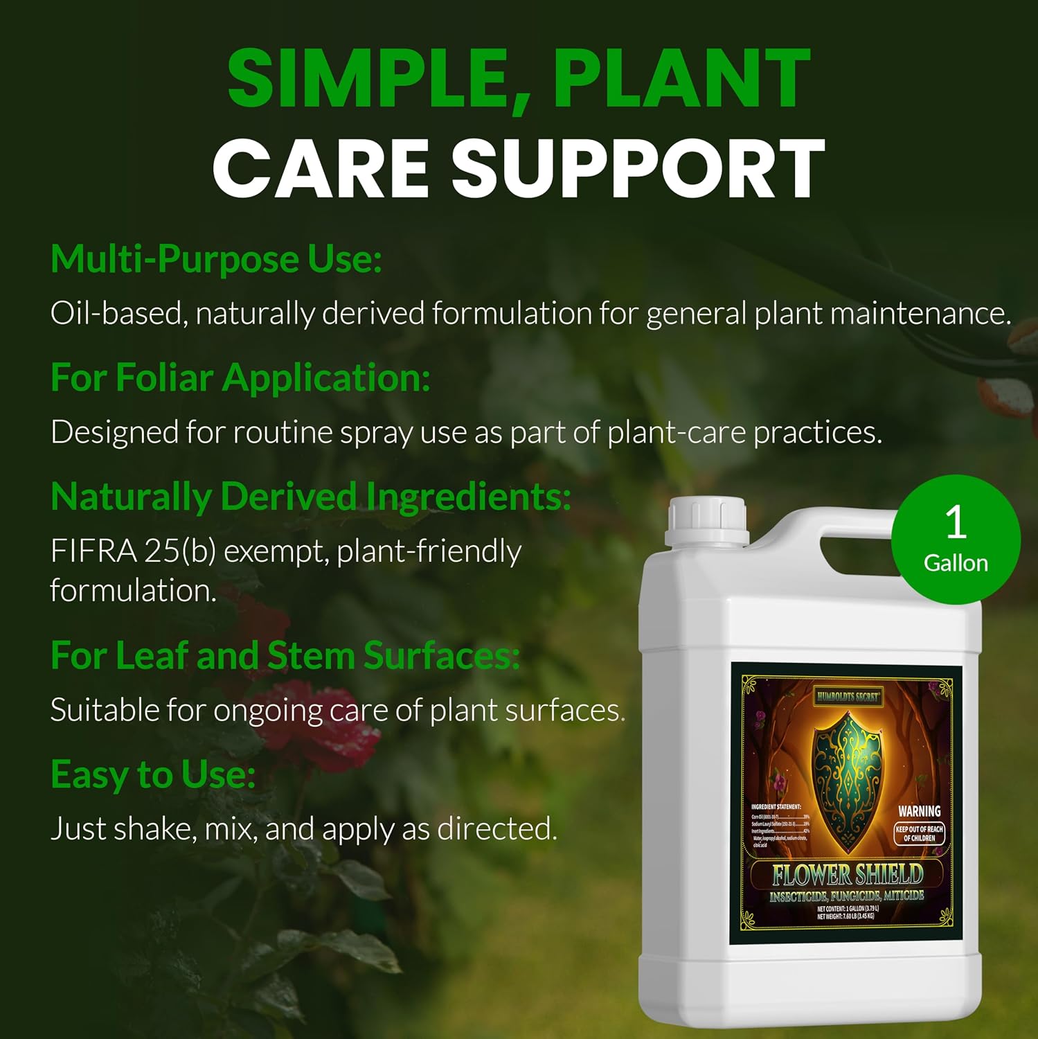 Humboldts Secret Flower Shield | Plant Care Spray for Routine Foliar Application & Maintenance | Naturally Derived, Oil-Based Formula | Indoor & Outdoor Plants | 1 Gallon