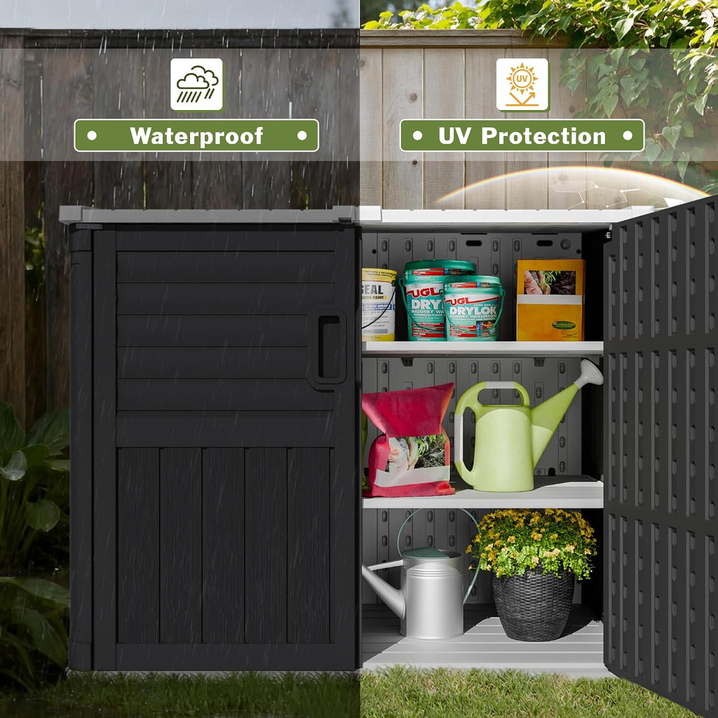 JUMMICO Resin Outdoor Storage Shed, 34 Cu Ft Horizontal Storage Cabinet with Shelves for Trash Cans, Garden Tools, Pool Supplies (Black)