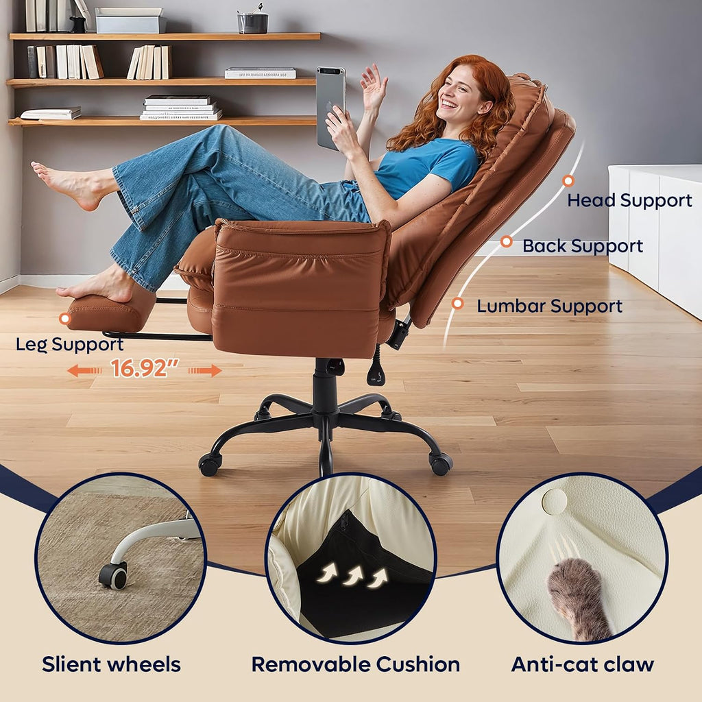 Bestier Cross Legged Office Chair with Footrest, High Back Criss Cross Chair with Reversible Armrests and Wheels, Big and Tall Reclining Office Chair for Home PU Leather Brown