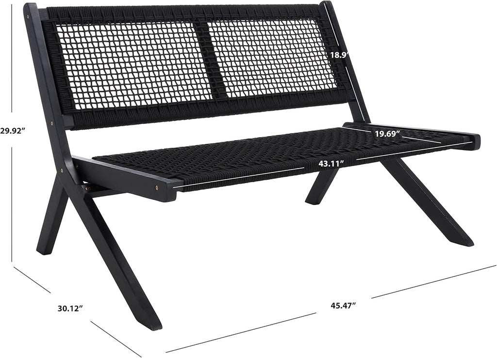 SAFAVIEH Outdoor - Kobina Folding Bench - Black & Black - Solid Wood and Rope - Modern Sculpted Folding Design - Ideal for Patio, Deck, Porch, Backyard, 13.8' Seat Height (PAT7304C)