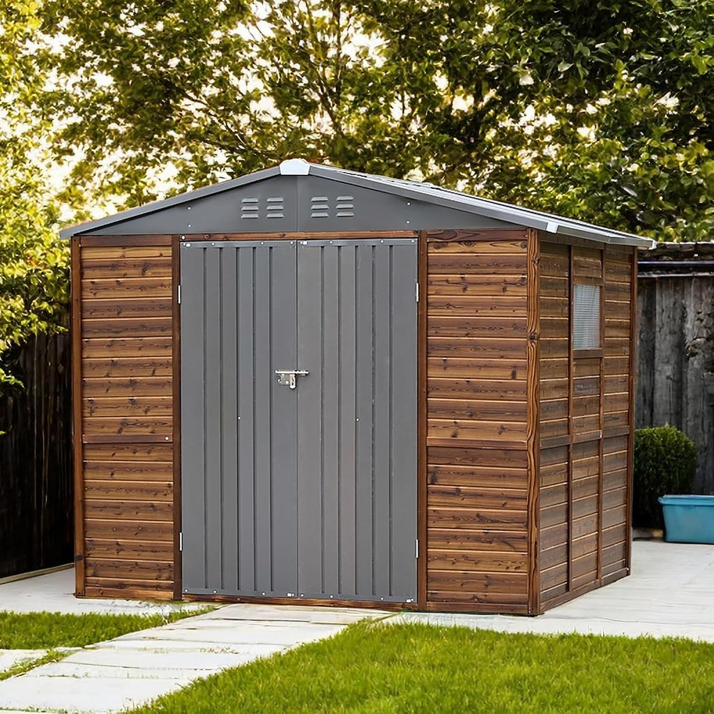 8x6 Ft Outdoor Storage Shed with Windows, Wood & Metal Tool Shed Waterproof Storage House for Outside Patio, Garden and Backyard, 4 Vents (Without Floor) Wood Color