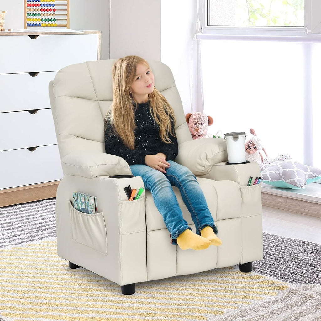 MAT EXPERT Kids Recliner, Leather Adjustable Reading Gaming Chair w/ 2 Cup Holder, 3 Side Pocket Storage & Footrest, Kids Couch Toddler Lounge Chair for Boys Girls, Kids Room Playroom Nursery (Beige)