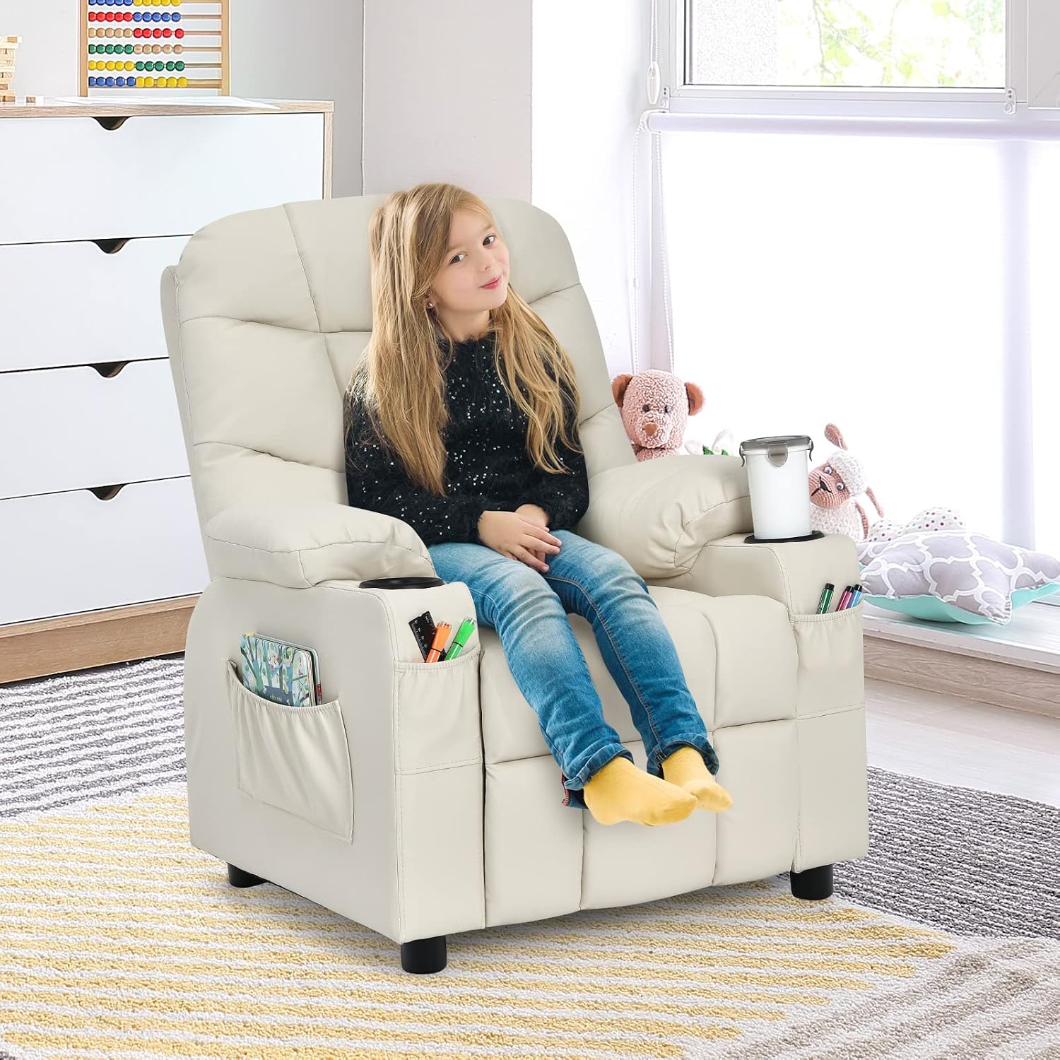 MAT EXPERT Kids Recliner, Leather Adjustable Reading Gaming Chair w/ 2 Cup Holder, 3 Side Pocket Storage & Footrest, Kids Couch Toddler Lounge Chair for Boys Girls, Kids Room Playroom Nursery (Beige)