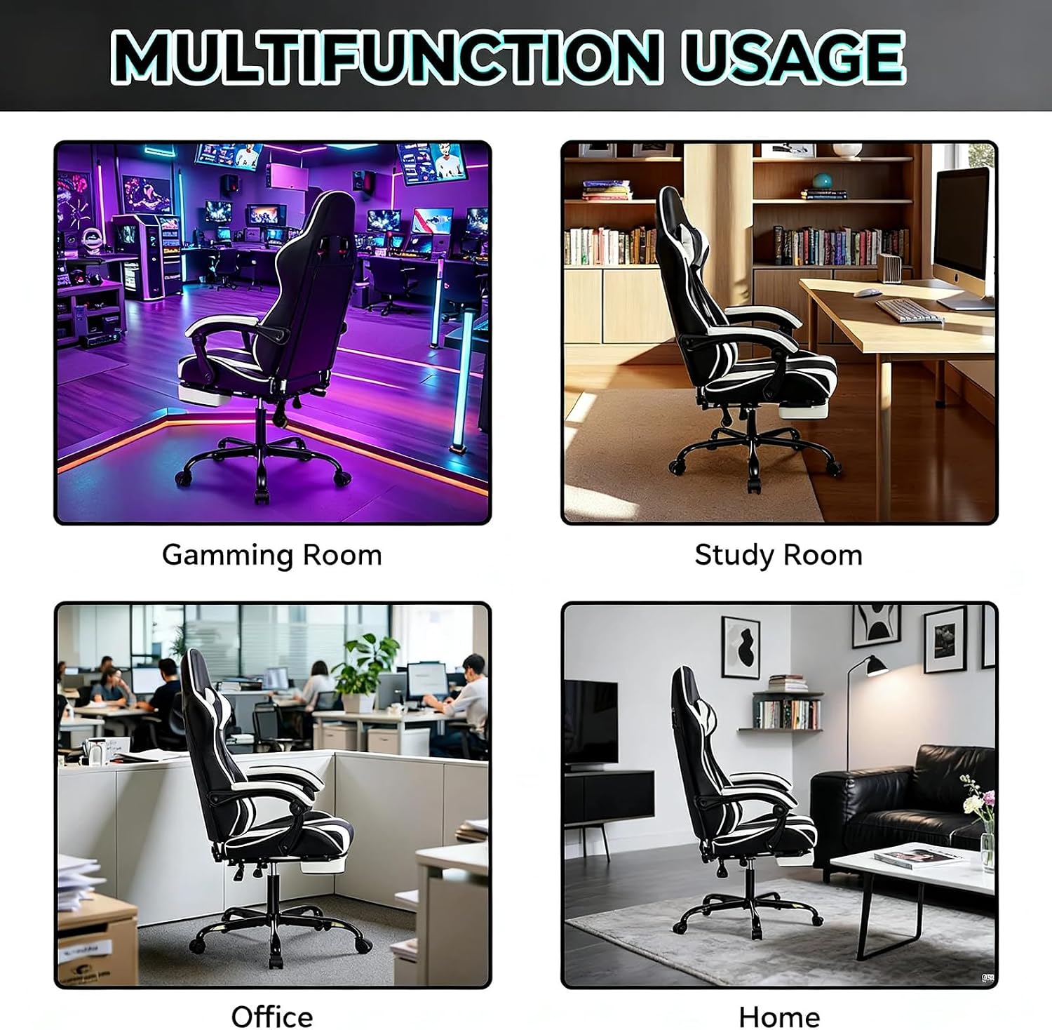 Gaming Chair with Footrest, Ergonomic Computer Chair with Headrest and Lumbar Support, Breathable Material Height Adjustable Swivel Video Game Chairs for Adults, 300lbs Max, Black & White