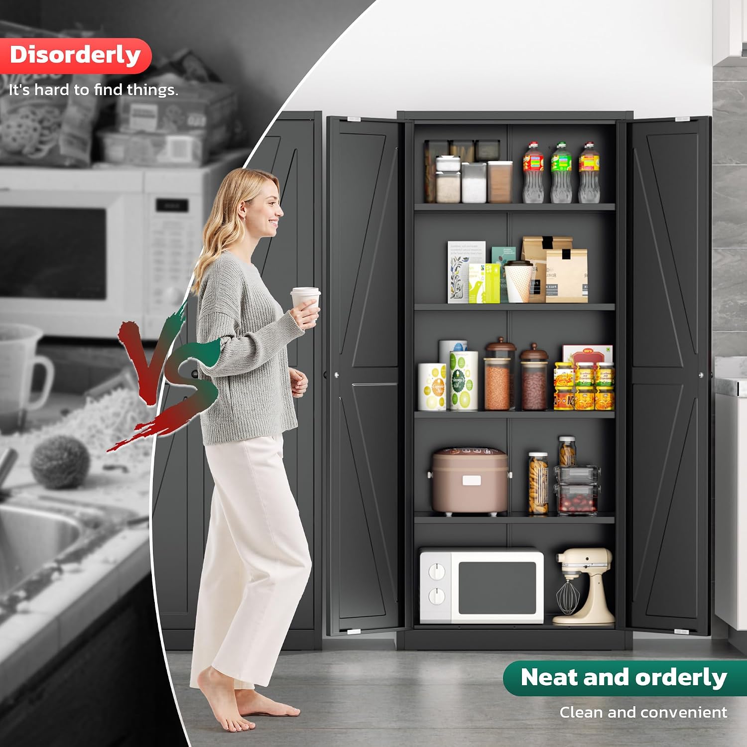 Greenvelly 63' H Black Farmhouse Metal Pantry Cabinet, Kitchen Pantry Storage Cabinets with 2 Doors and Adjustable Shelves, Kitchen Pantry Cabinets for Home, Garage and Bedroom