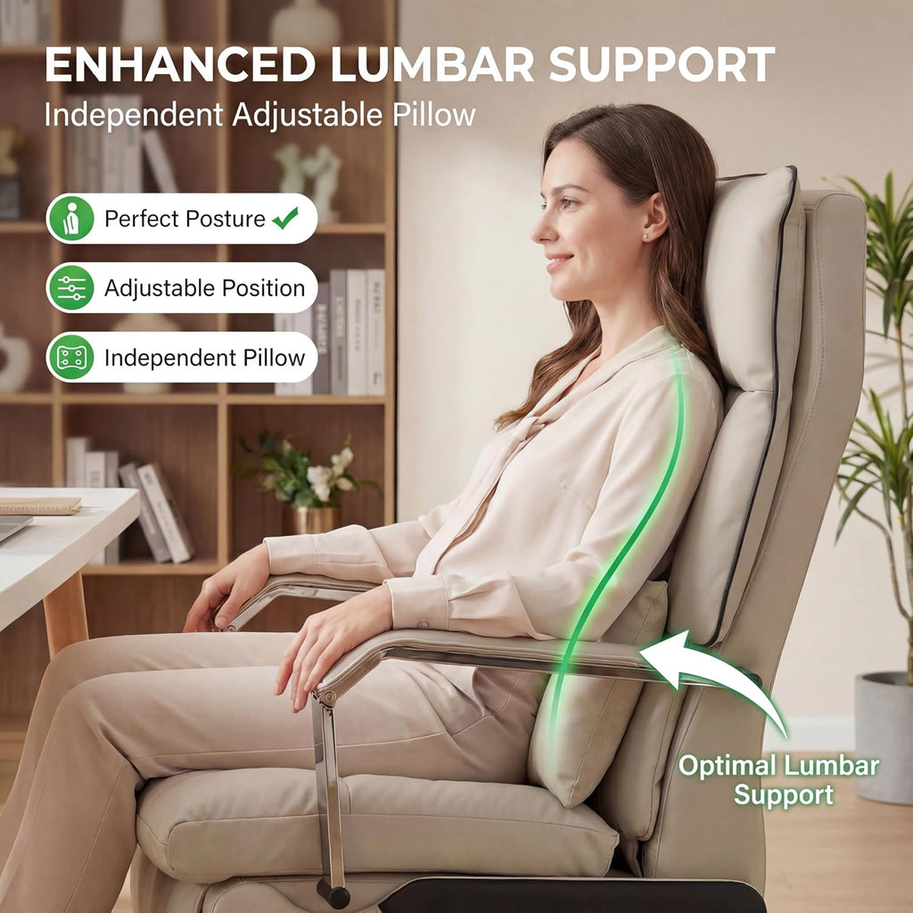 Dual Motor Executive Reclining Office Chair with Footrest – One-Click Electric Recline, Massage Lumbar Support & Pillow, Big and Tall PU Leather Ergonomic Desk Chair for Home Office/Gaming(White)