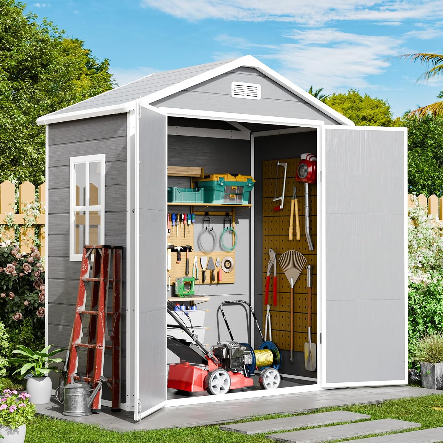 6x3 FT Plastic Outdoor Storage Shed with Floor and Lockable Door, All-Weather Resin Storage Shed Easy to Install, Garden Shed/Tool Shed for Backyard, Patio, Lawn