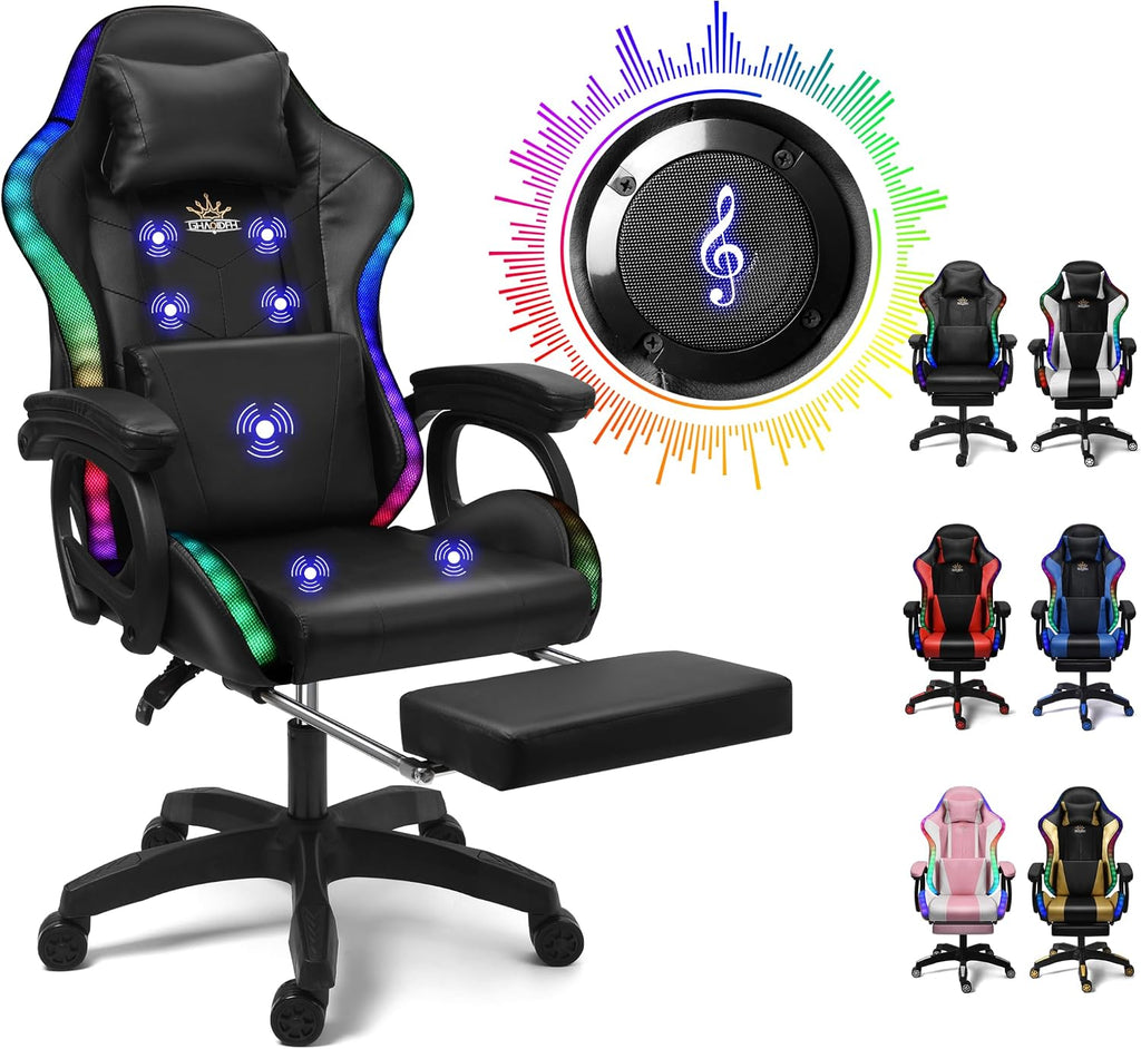 Gaming Chair with LED Lights and Speakers, Ergonomic Pro Video Game Chair with Massage and Footrest, for Adults, Teens, and Kids - Perfect for Gaming, Office, and Working. (Black)