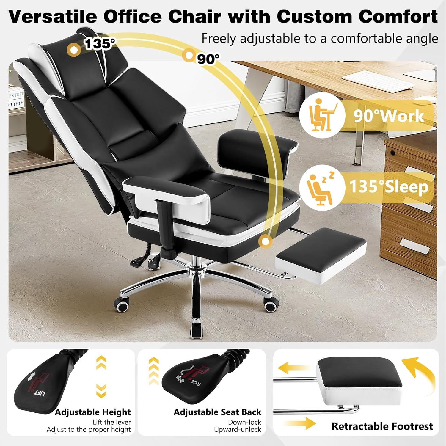 Heavy Duty Office Chair with Footrest High Back, PU Leather Office Chair with with Adjustable Lumbar Support, Reclining Computer Desk Chair with Adjustable Height, Adjustable Armrests, Black White